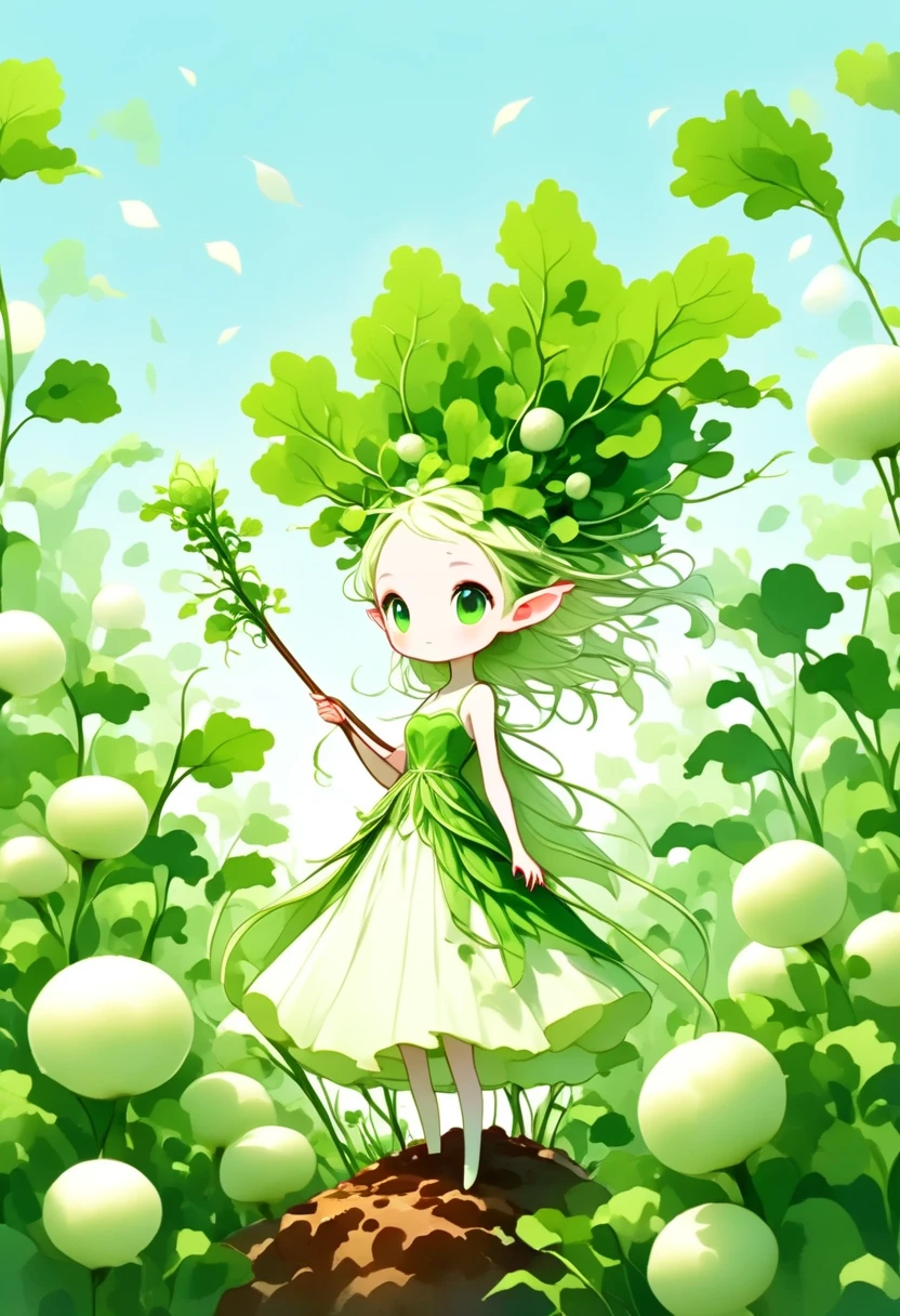 (masterpiece, best quality:1.2), Chibi cute, 1 daikon lady, elven lady, solo, full body, In a large daikon field, standing in front of a big daikon, holding a small stick and chanting a spell on the daikon, the daikon grows very big, Green big eyes, Green leaves long hair, bangs, pointy ears, pure white skin, wearing green camisole one-piece long dress over white short sleeve T-shirt, blue sky