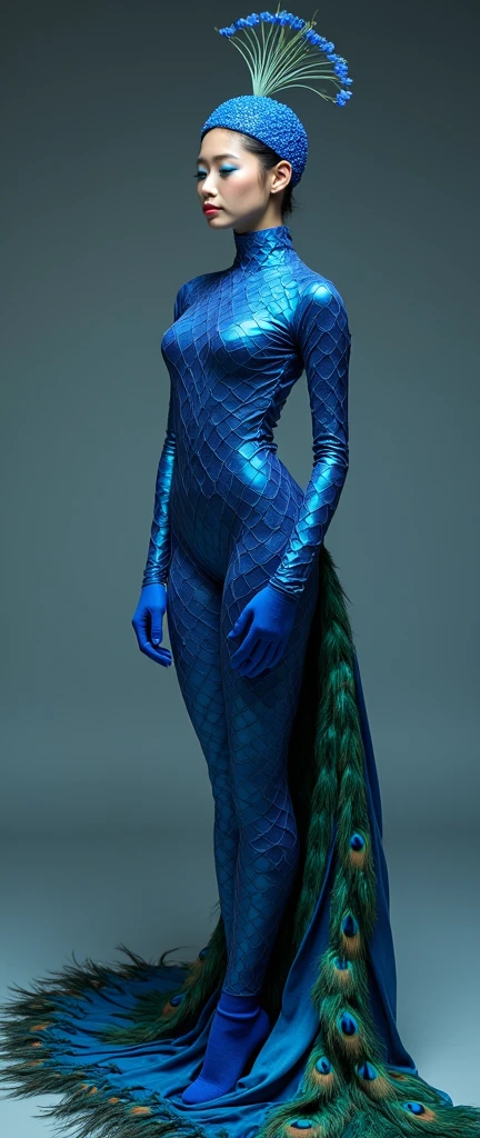 Red-haired snake woman,with blue shiny chain outfit and pigtails hairstyle,black backdrop,full body body