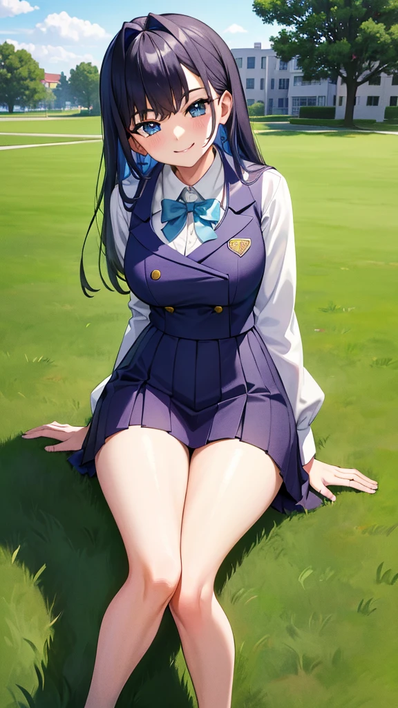 Smiling.clothes:((Buruma)). Location: On the lawn with a view of the school. Pose: Sitting on the lawn, (((legs wide apart))),(warming up).((Anatomically correct)), (Highly detailed), (Ultra HD), (Highest quality), (High resolution), (Best quality), (One Person).