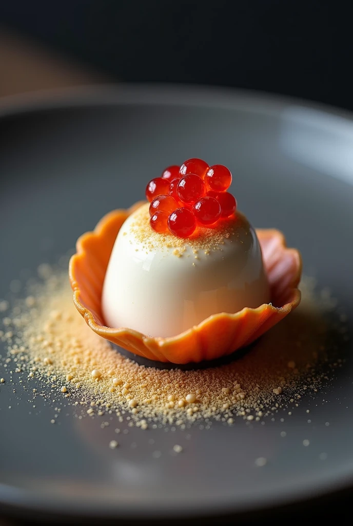  create a sketch for a dessert that has a muyuchi mouse around this mousse it has a crisp and an anise foam; On top of the mousse place fake red caviar 