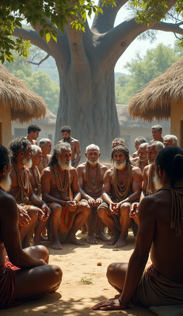Indian Villagers sitting in a group in Indian village and discussing in fearce