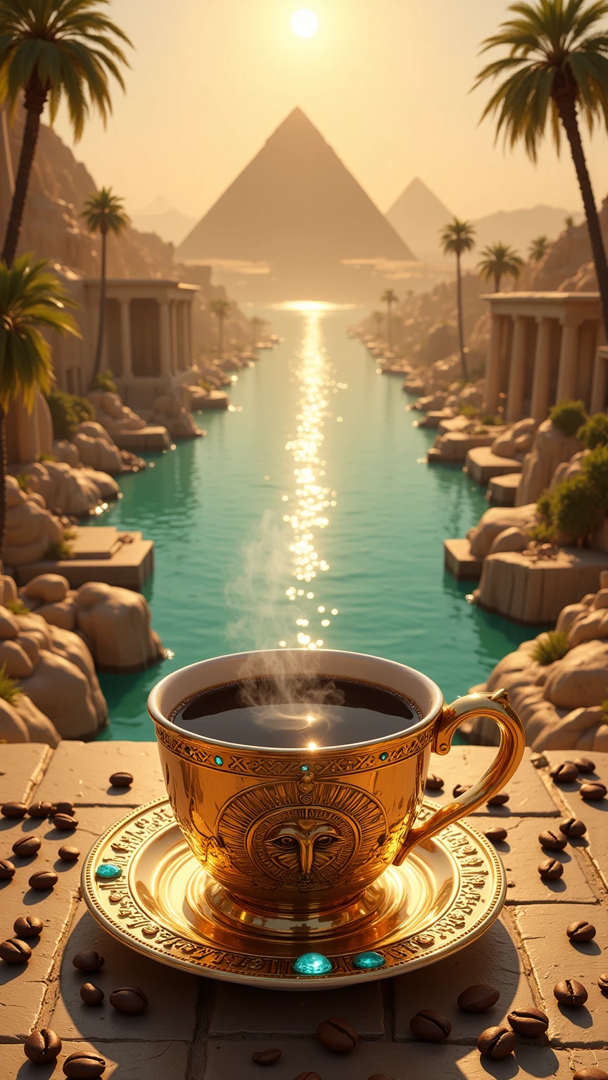 Realistic illustration for advertising , , 1 very short and low coffee cup made of polished gold ,  In the center of the coffee mug, the three-dimensional Eye of Horus motif is engraved ,  The area around the eye of Horus pattern is a hieroglyphic pattern ,  The top rim of the glass is adorned with luminous turquoise diamonds arranged in an orderly horizontal way. , . Inside the coffee mug there is a glossy black hot Americano coffee cup. ,  There is coffee smoke billowing out of the coffee mug elegantly but still looking natural. ,  The view of the image clearly shows the hot Americano coffee water inside the coffee cup , The coffee cup holder ear is on the right hand , A coffee mug is placed on a coffee coaster made of polished gold , The coffee saucer engraved with the heroic motif ,  The area around the coffee cup contains the same size of complete coffee beans placed together naturally inside the coffee saucer. ,  The area around the coffee coaster contains complete coffee beans of the same size in large numbers, placed together naturally on Road floor,  Coffee cups and coffee coasters are located on the ancient Egyptian stone road in the lower center position of the image ,  The ancient Egyptian stone road is a very high bridge that extends down from the central position of the background.,  The background is the great Pyramid of Giza, mixed with A variety of Roman columns and a harmoniously ornate Babylonian floating garden, On the left and right banks there is a bright turquoise river , . Inside the river on both the left and right, rocks are lined up naturally. ,  On the banks of the river, both left and right, there are large palm trees lined up to the background of the image , , the details of the architecture behind can be seen in detail and clearly through the perspective seen from the front. ,  in the sunset sky. A large and glorious morning that is shining brightly over every corner of the image , . The atmosphere of the picture is covered with a warm and soft morning golden light. ,  In the sky there are bright morning clouds , In the sky there are many flying birds 