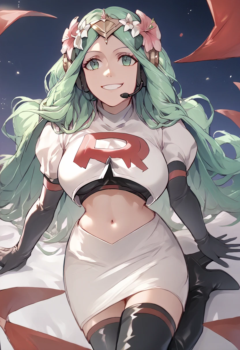 Team rocket, team rocket uniform, red letter R, white skirt,white crop top,black thigh-high boots, black elbow gloves, evil smile, night sky background, headset, large breasts, high-heeled boots, Rhea, green hair