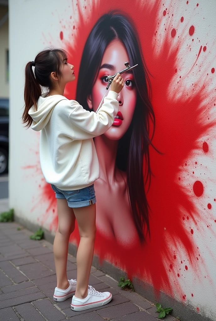 A woman with sun-kissed skin and tousled blonde hair is creating street art in a full body shot from a slight high angle. She is wearing paint-splattered overalls over a crop top, showing glimpses of her fit body. The background is a colorful urban street with graffiti in high detail and perfect anatomy. It's late afternoon with a creative, vibrant mood and tone, and the lighting is warm and contrasty, (street art pose: 1.3), (paint-splattered revealing outfit: 1.8), (perfect anatomy: 1.5), (late afternoon: 1.6), (creative vibrant mood: 1.7), (warm contrasty lighting: 1.8).
