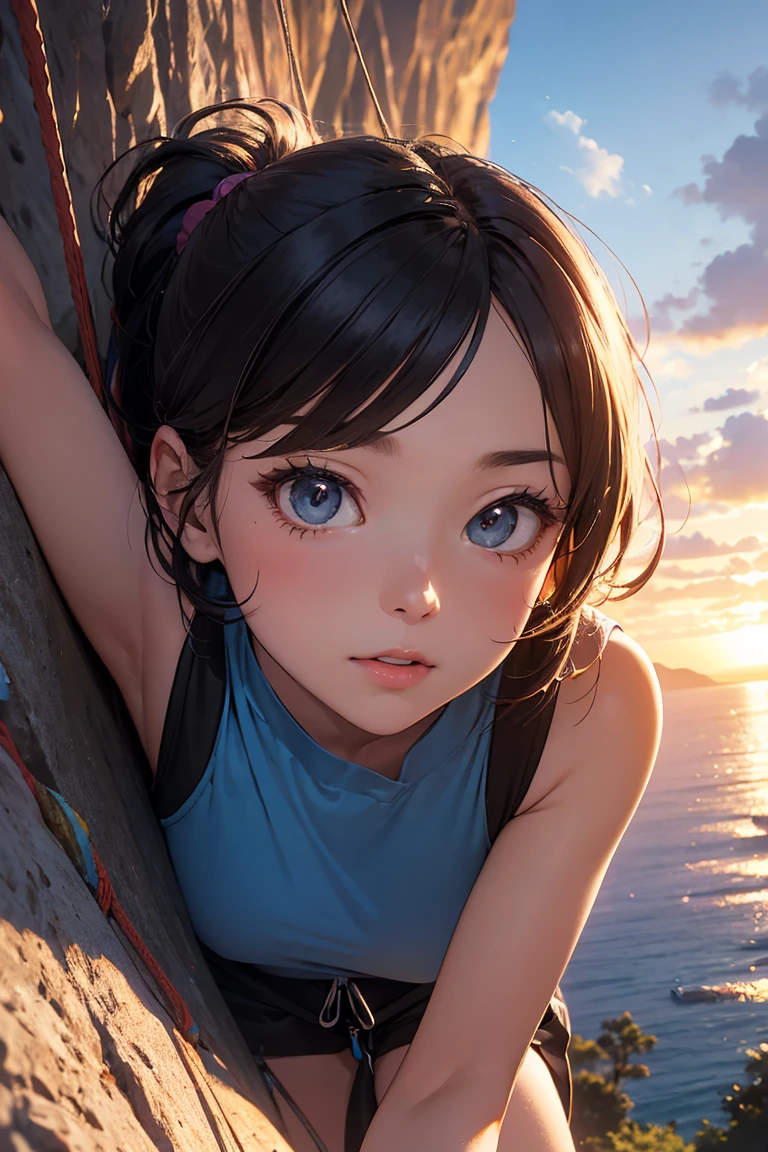 highest quality、High resolution、Detailed Background、(Beautiful face in every detail:1.4)、Anatomically correct、(Draw the usual number of fingers:1.2)、(Detailed facial expressions)、(Detailed eyes:1.2)、(Detailed eyes:1.2)、Beautiful, smooth skin、Teenage beauty、(Highly detailed face:1.4)、Cute color hair color、ponytail、Bobcut、well-groomed eyebrows、Cowboy Shot、
(Beautiful girl climbing in nature:1.5)、
Enjoy climbing while feeling the breeze under the blue sky、Mountain々Enjoy bouldering in the beautiful valleys and gorges that stretch between、
Enjoy rock climbing on the rocks and cliffs near the sea、The ocean views from the cliffs are particularly spectacular.、
Enjoy climbing at sunrise or sunset、The sunset time creates a romantic atmosphere.、
Trees in a natural forest々Enjoy bouldering on the rocks.、You can enjoy colorful and beautiful scenery.