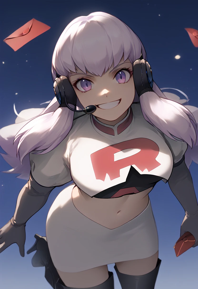 Team rocket, team rocket uniform, red letter R, white skirt,white crop top,black thigh-high boots, black elbow gloves, evil smile, night sky background, headset, large breasts, high-heeled boots, Lysithea Von Ordelia, white hair