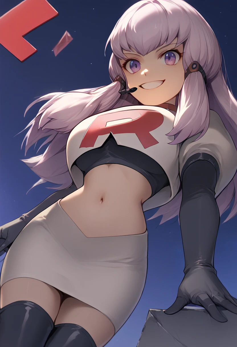 Team rocket, team rocket uniform, red letter R, white skirt,white crop top,black thigh-high boots, black elbow gloves, evil smile, night sky background, headset, large breasts, high-heeled boots, Lysithea Von Ordelia, white hair