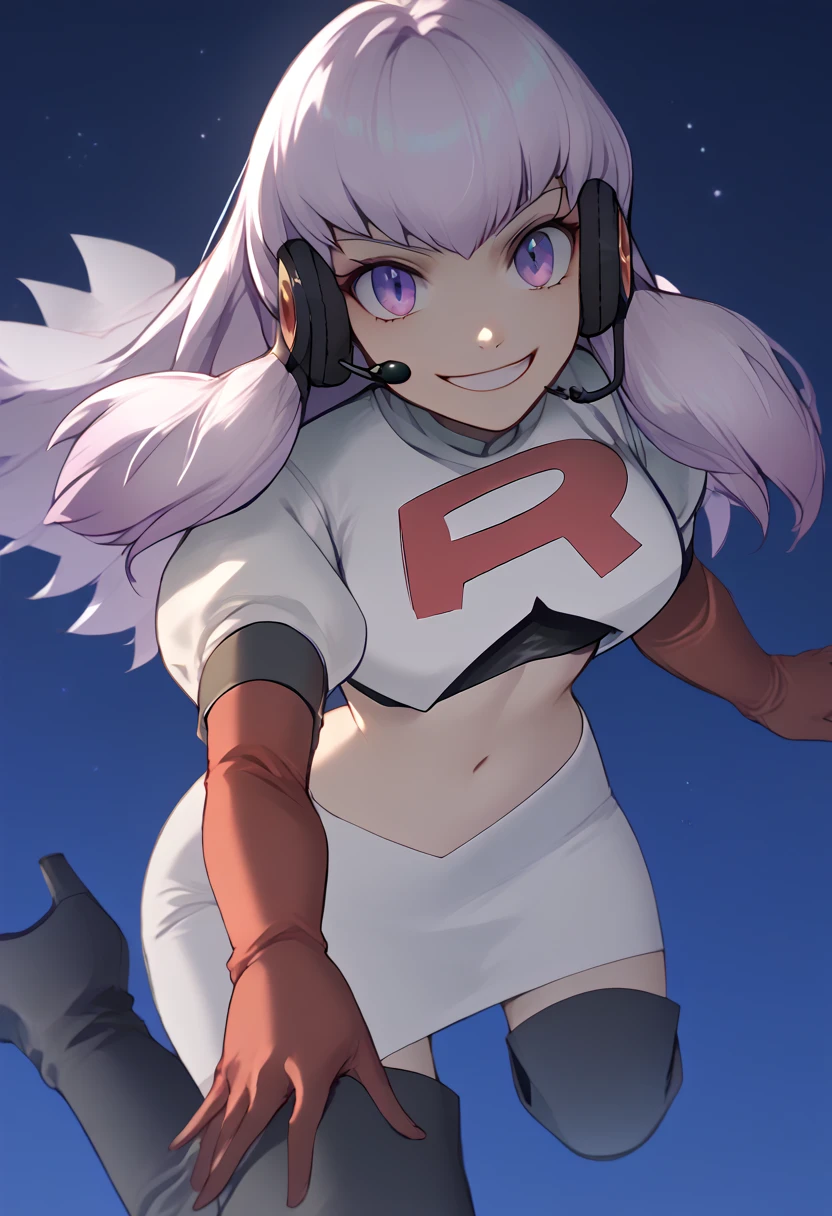 Team rocket, team rocket uniform, red letter R, white skirt,white crop top,black thigh-high boots, black elbow gloves, evil smile, night sky background, headset, large breasts, high-heeled boots, Lysithea Von Ordelia, white hair