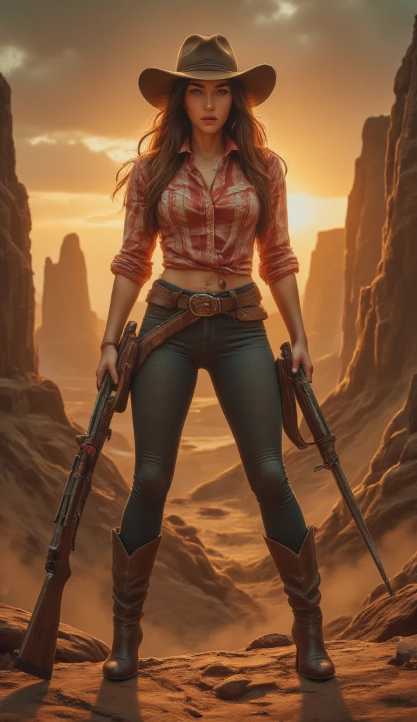 Photo, 8K, Super Detailed, ultra resolution , Megan fox, full body legs and boots , wild west landscape, cowboy hat , tight red and white checkered shirt, skinny jeans , skinny cowboy boots high heel , large leather belt, kanana with bullets and two holstered weapons, winchester in hands, sunset.