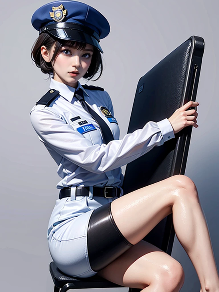 simple background, (Wearing a policewoman&#39;s uniform and hat: 1.4), good hand, 4K, High resolution, table top, highest quality, head: 1.3, ((Hasselblad Photos)), fine skin, clear focus, (cinematic lighting), soft lighting, dynamic angle, [:( detailed face: 1.2): 0.2], medium chest, chest, (((inside the mansion))), (chest element exposed: 1.3), 1 girl, jewelry, earrings, orange_sky porn, one person in, mole, length_hair, mole_Down_eye, Upper body_body, grey_eye, look up_in_viewer,, brunette, fashion, (head tilt: 1.4), simple background, red background,