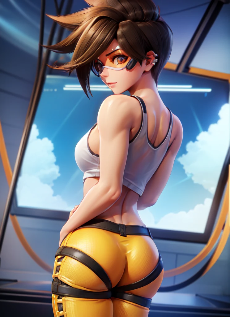 VHS cover for a porn starring tracer. hoop-earings. biting her lip. naked. nude. slut. small_boobs. freckles. pornstar nsfw