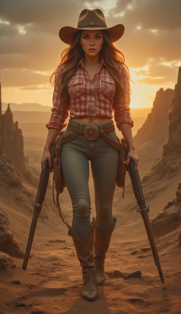 Photo, 8K, Super Detailed, ultra resolution , Megan fox, full body legs and boots , wild west landscape, cowboy hat , tight red and white checkered shirt, skinny jeans , skinny cowboy boots high heel , large leather belt, kanana with bullets and two holstered weapons, winchester in hands, sunset.