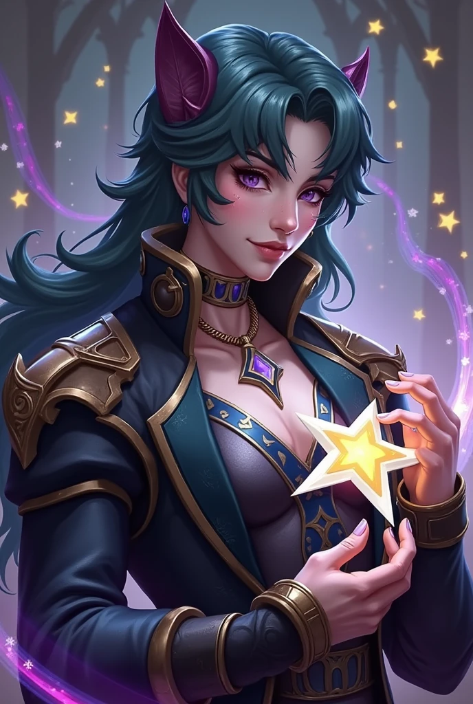 ezreal with Dark aesthetic with gothic glamour with a manopla roxa on right hand and holding a star on the left hand