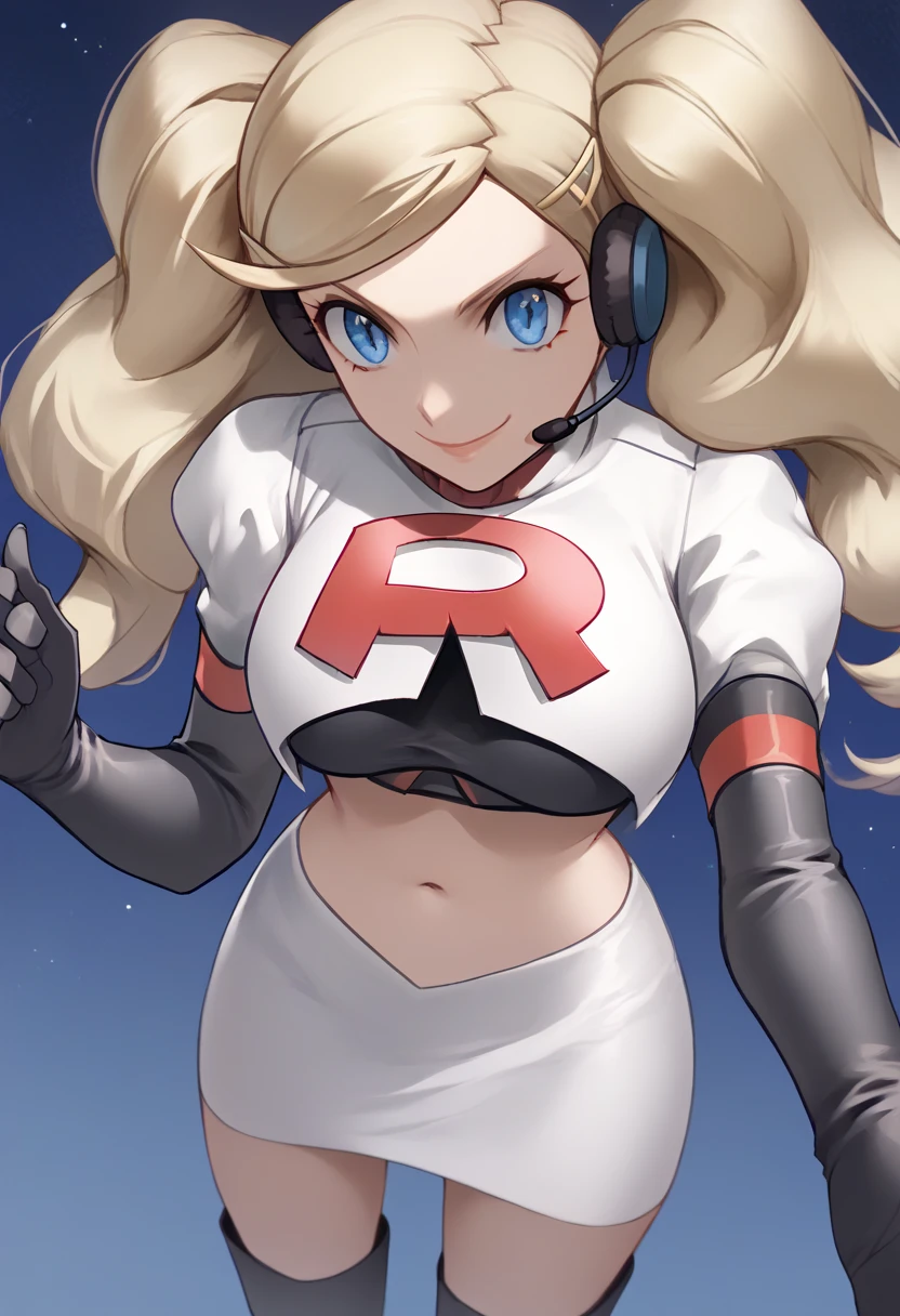 Team rocket, team rocket uniform, red letter R, white skirt,white crop top,black thigh-high boots, black elbow gloves, evil smile, night sky background, headset, large breasts, high-heeled boots, Ann takamaki, blonde hair, twintails