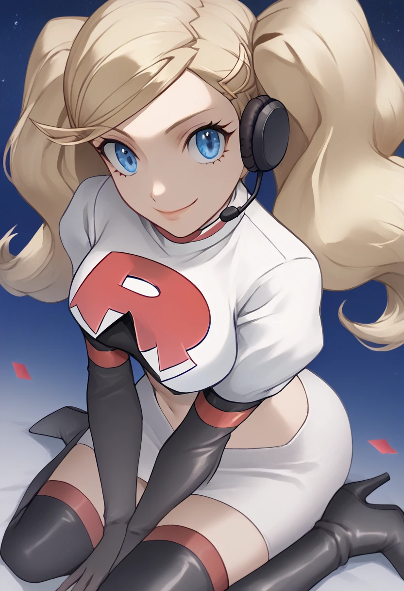 Team rocket, team rocket uniform, red letter R, white skirt,white crop top,black thigh-high boots, black elbow gloves, evil smile, night sky background, headset, large breasts, high-heeled boots, Ann takamaki, blonde hair, twintails