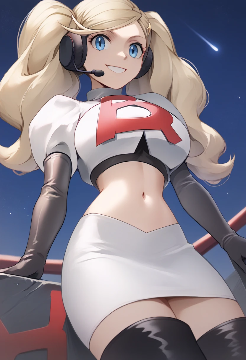 Team rocket, team rocket uniform, red letter R, white skirt,white crop top,black thigh-high boots, black elbow gloves, evil smile, night sky background, headset, large breasts, high-heeled boots, Ann takamaki, blonde hair, twintails