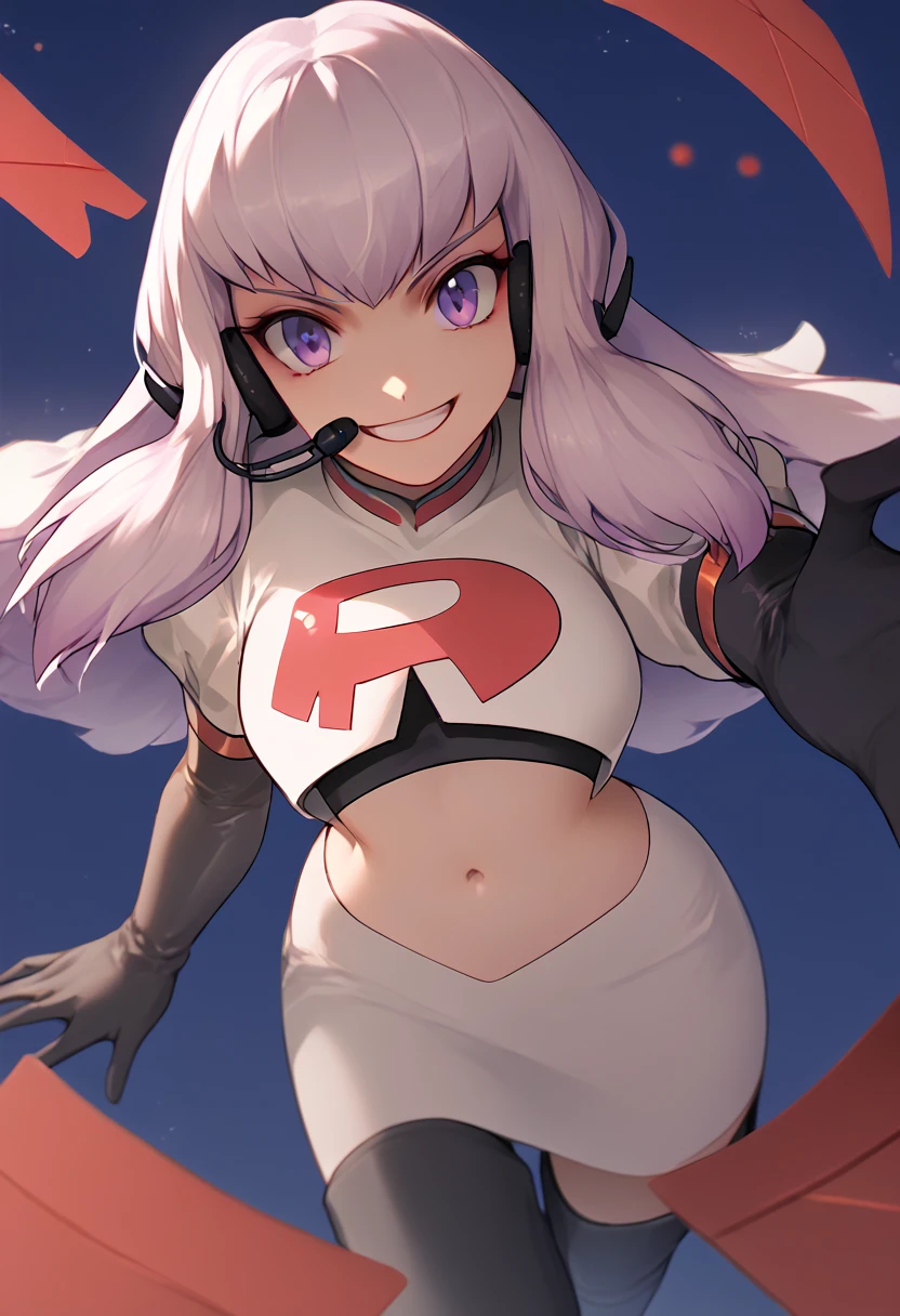 Team rocket, team rocket uniform, red letter R, white skirt,white crop top,black thigh-high boots, black elbow gloves, evil smile, night sky background, headset, large breasts, high-heeled boots, Lysithea Von Ordelia, white hair