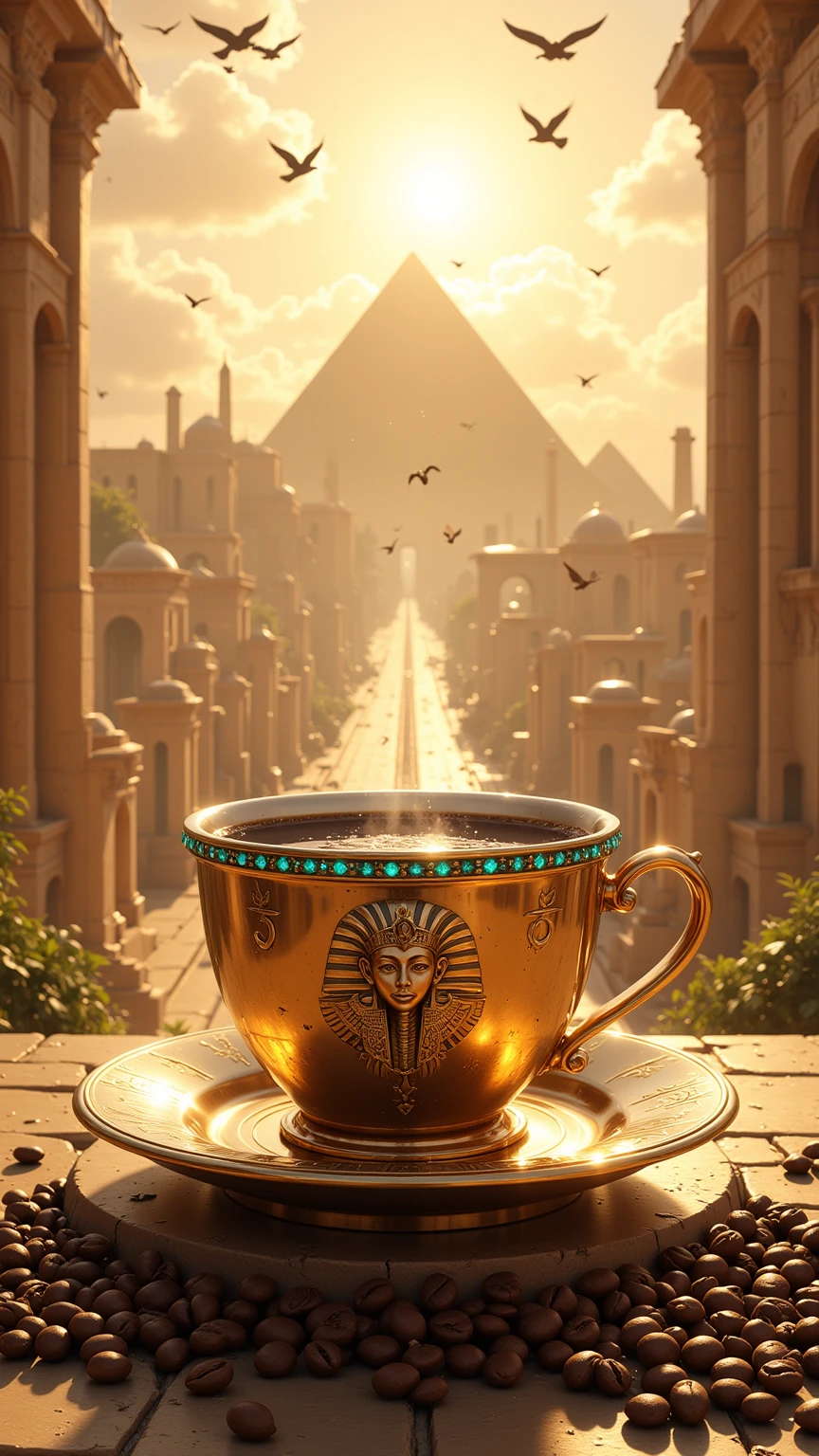 Realistic illustration for advertising , , 1 very short and low coffee cup made of polished gold ,  In the center of the coffee mug, the three-dimensional Eye of Horus motif is engraved ,  The area around the eye of Horus pattern is a hieroglyphic pattern ,  The top rim of the glass is adorned with luminous turquoise diamonds arranged in an orderly horizontal way. , . Inside the coffee mug there is a glossy black hot Americano coffee cup. ,  There is coffee smoke billowing out of the coffee mug elegantly but still looking natural. ,  The view of the image clearly shows the hot Americano coffee water inside the coffee cup , The coffee cup holder ear is on the right hand , A coffee mug is placed on a coffee coaster made of polished gold , The coffee saucer engraved with the heroic motif ,  The area around the coffee cup contains the same size of complete coffee beans placed together naturally inside the coffee saucer. , . The area around the coffee saucer contains complete coffee beans of the same size in large numbers, placed together naturally on the street floor.,  The coffee mug and coffee saucer are located on top. Ancient Egyptian stone road in the lower center position of the image ,  The ancient Egyptian stone road is a very high bridge that extends down from the central position of the background.,  The background is the great Pyramid of Giza, mixed with A variety of Roman columns and a harmoniously ornate Babylonian floating garden, On the left and right are large palm trees lined up to the background of the image , , the details of the architecture behind can be seen in detail and clearly through the perspective seen from the front. ,  in the sunset sky. A large and glorious morning that is shining brightly over every corner of the image , . The atmosphere of the picture is covered with a warm and soft morning golden light. ,  In the sky there are bright morning clouds , In the sky there are many flying birds 