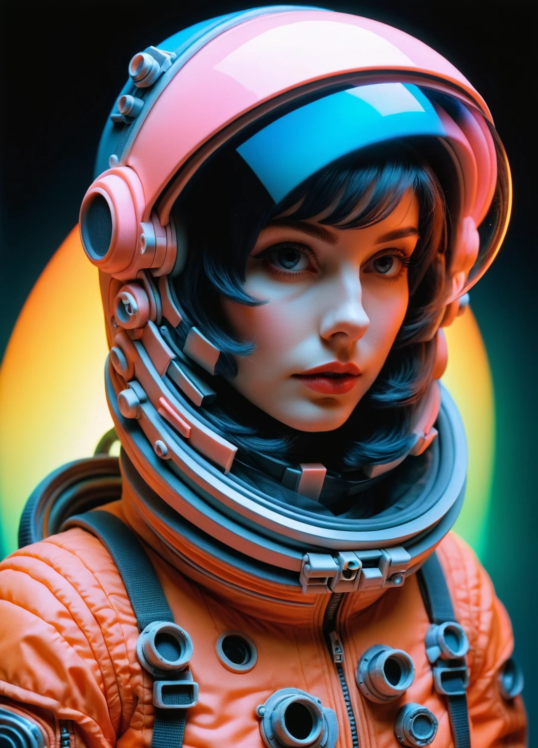  full body portrait、 ultra-realistic portrait , Abstract 1998 ,  Fashion Photos , 24mm, Long Hit, female astronaut from the 60s wearing an orange spacesuit and a large plexiglass helmet , 80 degree field of view, art：Victor Moscoso and Bridget Riley Kodak Acre 100 8K, カーネ・グリフィスの流体artで魔法のように, Conrad Rosett Ilya Kuvshinov,  scattered below the surface of the water , Zwy Studio Highlights, salt. art：, Natalie Shau., Peter Glick: Sharp focus with exquisite detailing RAL fitting form,   , Photo realistic , Hyper realistic ,  analog style ,  realistic , Film Photography,  soft lighting, Dark Shadows, Neon orange ombre color scheme, Neon Pink,  neon blue,  neon yellow,  neon green,