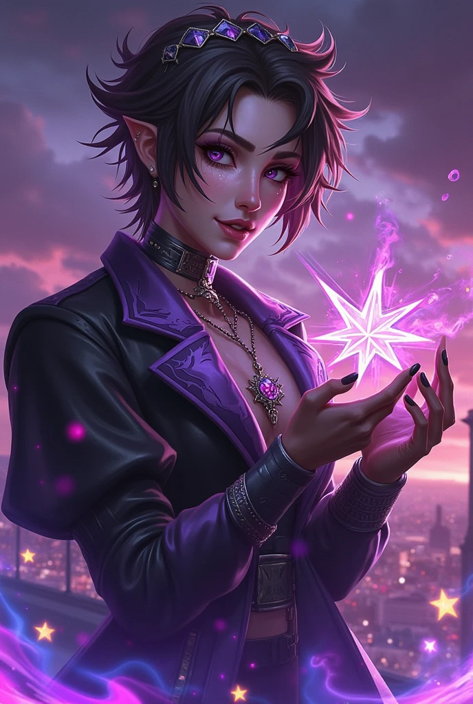 ezreal with Dark aesthetic with gothic glamour with a manopla roxa on right hand and holding a star on the left hand