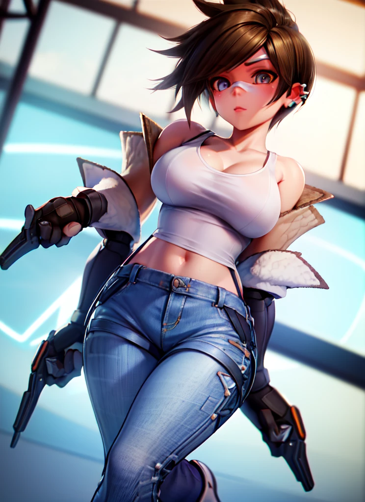 ((best quality)), ((highly detailed)), absurdres, (detailed eyes, deep eyes), (1girl), cowboy shot, tracer, short hair, ear piercing, goggles, white tank top, blue bootcut jeans