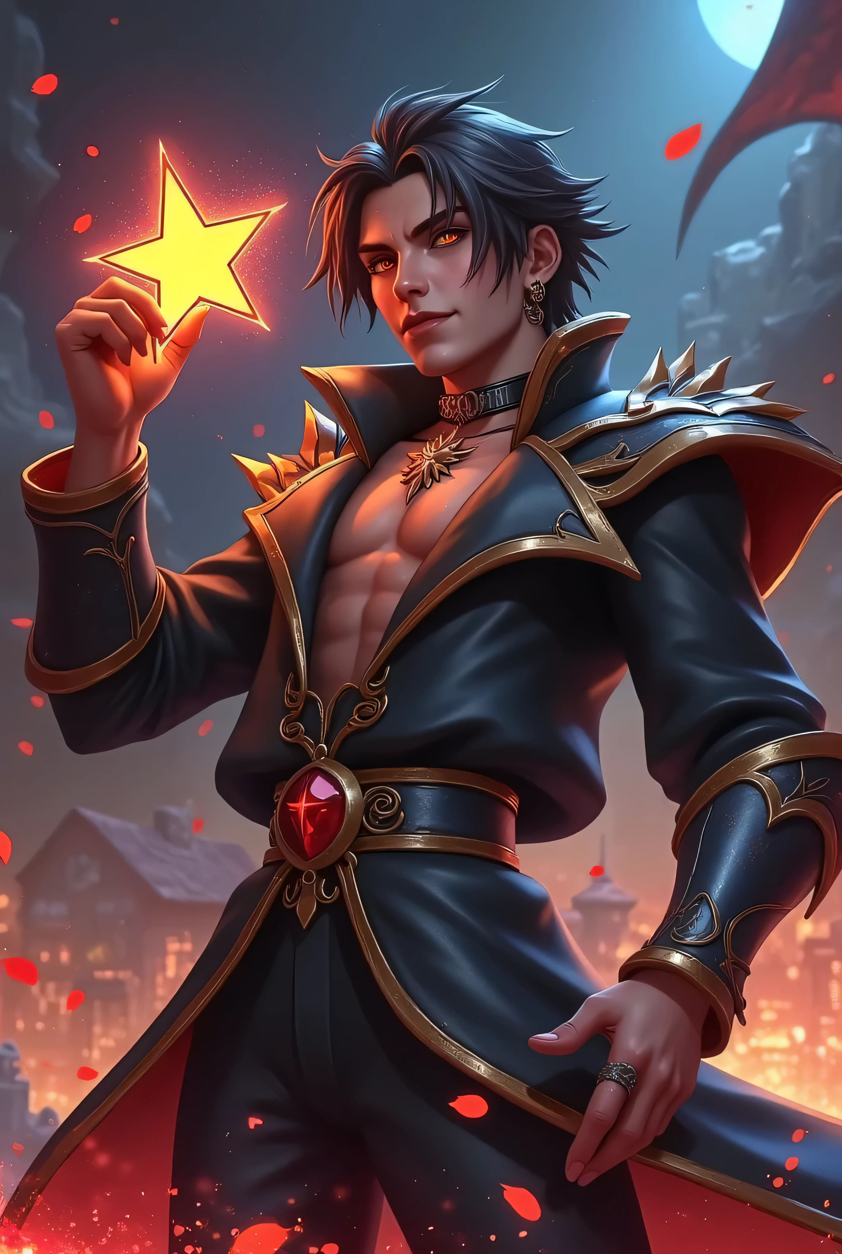 ezreal with Dark aesthetic with gothic glamour with a manopla roxa on right hand and holding a star on the left hand