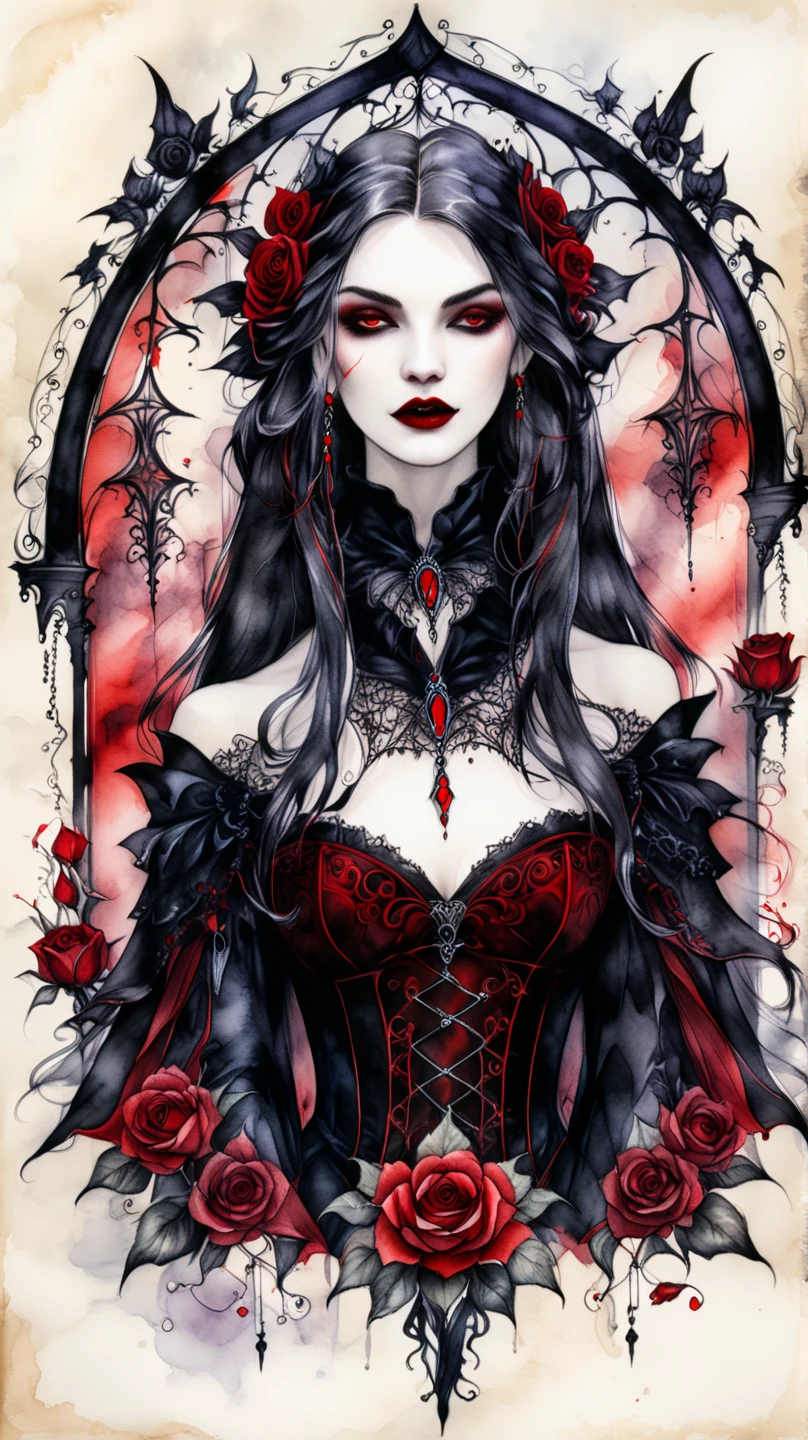 Ink and watercolour illustration on parchment. In the midst of a fantasy realm, a (mysterious (female (vampire))). lacy gothic aesthetic, red rose. contemplative.  