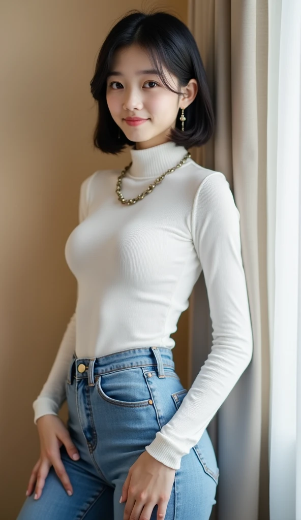 19 years old 、bangss、tight white turtleneck sweater, 、Tight jeans pants, ((タンクトップ))、Medium milk, cute  face、(Butt sticking out pose)、(turned around)、sexy hips、Parks with lakes、Big necklace、earrings、Photos showing the whole body((Short Hair))