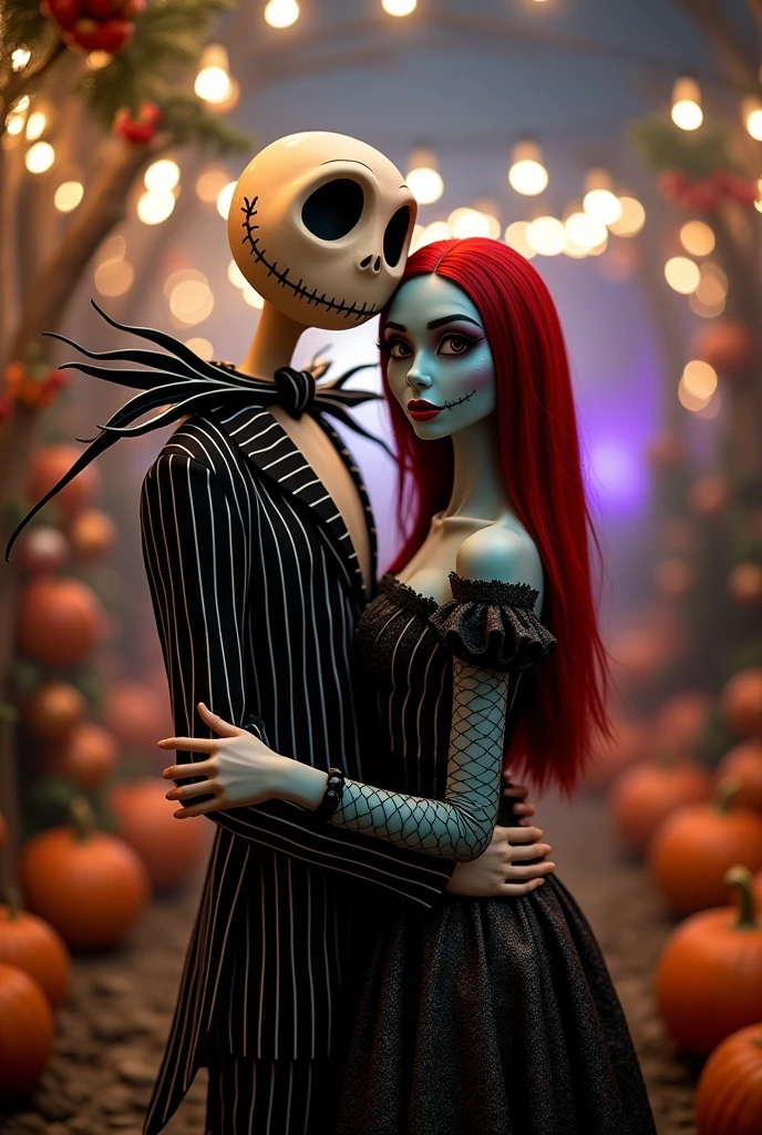 You could create the image of a black-haired girl, very light blue eyes and pale skin, that is very pretty. Let her wear a red wedding dress. That on his right side is the character of Beetlejuice, the super ghost from the first movie, The one with greenish-yellow hair and mold on his face and wearing a white suit with black stripes . This one is putting a ring on her. Let the atmosphere be gothic 