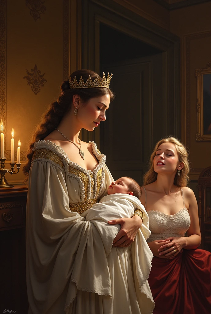 bestquality,10,highres,ultra-detail,portrait,Beautiful girl with long hair holding baby,A rugged aristocracy.,mediaeval,Royal Costume,Inside the palace,Golden Throne,detailed facial features,Expressive eyes and lips,rich colors,gentle lighting