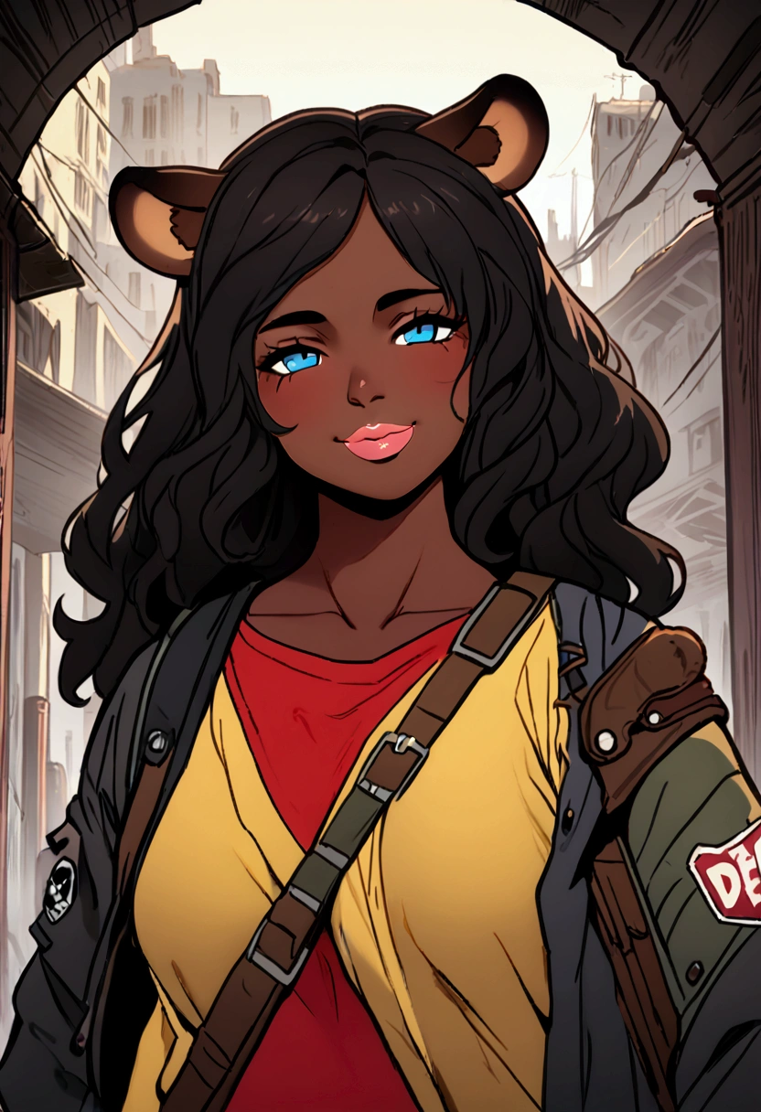 (8k, 4k, intricate),(halfbody-shot:1), (highly detailed:1.2),(detailed background:1.2),((dark skin, beatiful face,plump lips, smiling)), ((raccoon ears, tanuki tail))((post-apocalyptic aesthetic, post-apocalyptic  clothing, walking dead aesthetic))) (Best quality, 4k, Masterpiece :1.3), ultra-detailed face, detailed lips, detailed blue eyes, double eyelid masterpiece, best quality, ultra highres, detailed illustration, portrait, detailed anime drawing anime image of a young man with a raccoon ears and a yellow shirt, tanuki-like black rings around his eyes, raccoon tail, Human raccoon hybrid, with dark brown skin. He has very big raccoon ears, he wears a red shirt with gears logo, black biker jwcket with spiked shoulder paddings, wavy hair, black hair with ruby red streaks, smiling