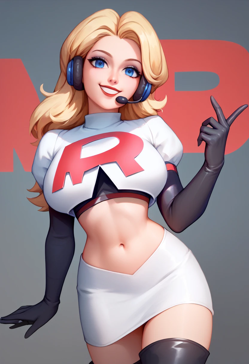 The face of Beyonce, 1girl, solo, Team rocket, team rocket uniform, red letter R, white skirt,white crop top,black thigh-high boots, black elbow gloves, headset, large breasts, sexy pose, smile