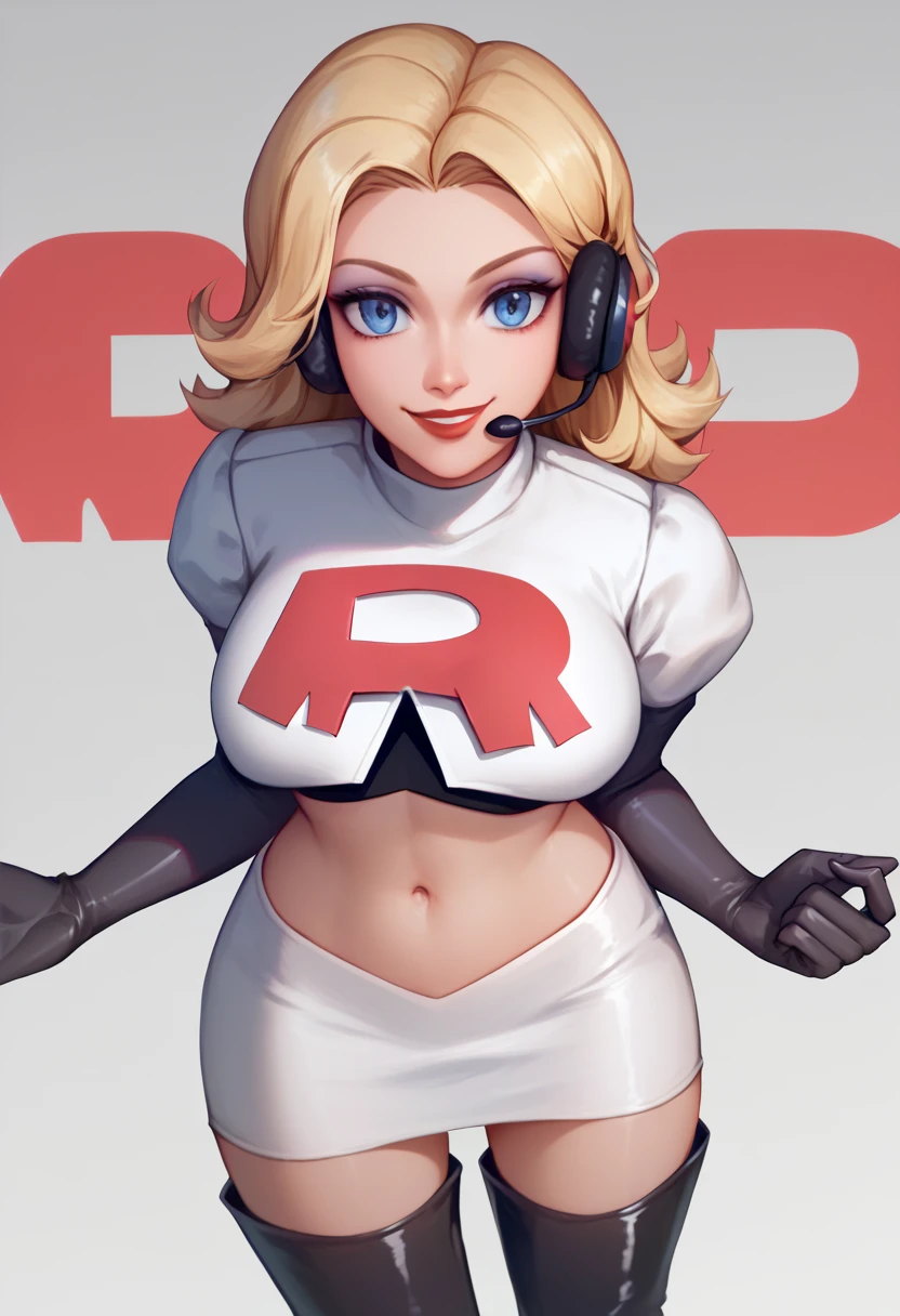 The face of Beyonce, 1girl, solo, Team rocket, team rocket uniform, red letter R, white skirt,white crop top,black thigh-high boots, black elbow gloves, headset, large breasts, sexy pose, smile