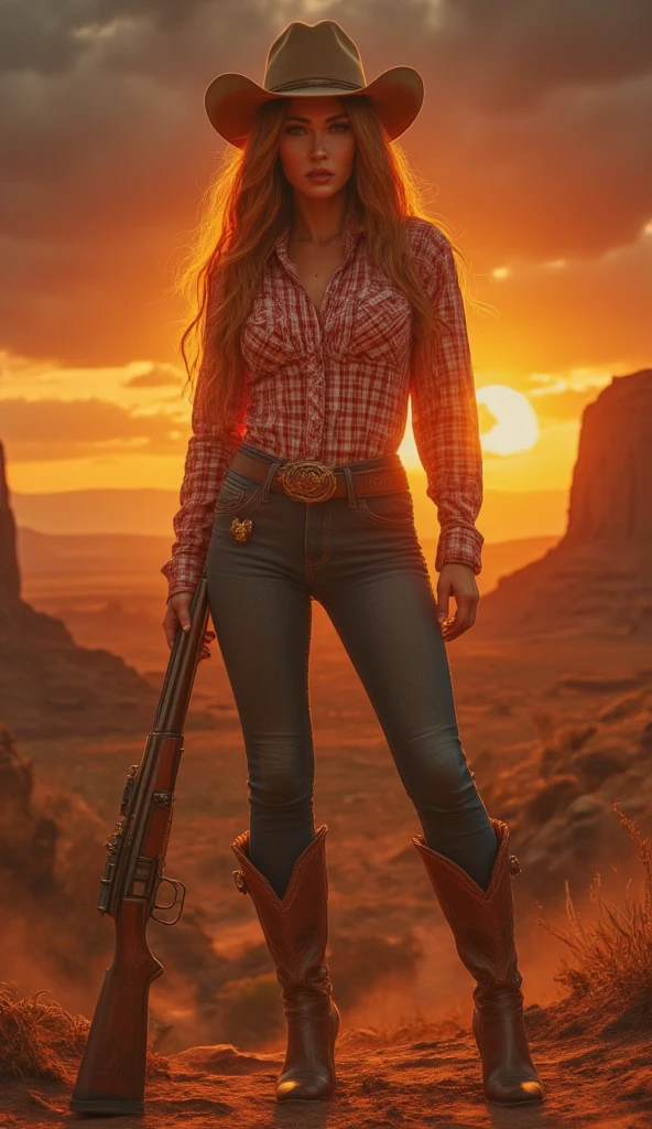 Photo, 8K, Super Detailed, ultra resolution , Megan fox, full body legs and boots , wild west landscape, cowboy hat , tight red and white checkered shirt, skinny jeans , skinny cowboy boots high heel , large leather belt, kanana with bullets and two holstered weapons, winchester 73 rifle in her hands, sunset.