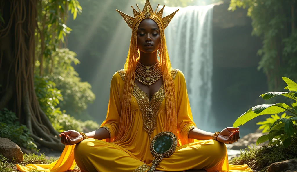 A full body portrait of an indigenous woman with long braided hair and wearing a mustard yellow dress. She is standing in the middle surrounded by glowing plants and mushrooms, with her arms outstretched to form the shape of two flowers on each side in a symmetrical design. Bright pastel colors are used with a celestial light radiating from above on a white lines on dark background in the style of Moebius. It is a beautiful, mystical whimsical illustration.xianxia