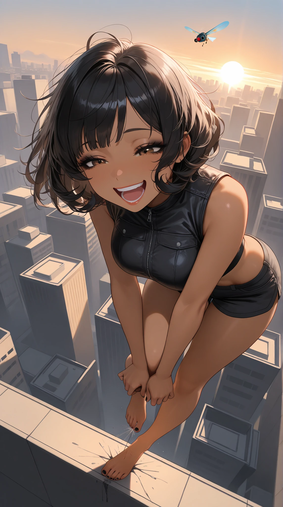 8k, (masterpiece), best quality, perfect face,perfect body, 1 woman, 1female, solo,detailed skin, tan skin, 1girl, solo, black hair, bangs, (laugh), curvy, brown eyes, half closed eyes, black hair, bob cut, curly hair, messy hair, side bangs, medium breasts, , dark-skinned female, dark skin, ((crop top vest)), shirt casual, badass, , beautiful face, mascara, black eyeliner, lips,  fly,  (bare-foot), black toes nailed, dynamic angle ,laughing, focus feet, toes nailed, view on feet, highres, perfect body,( flying),( crop top,shorts),(natural lighting),colorful,hd,(sience fiction), citysky, sunset, powerfull, jacket, roof