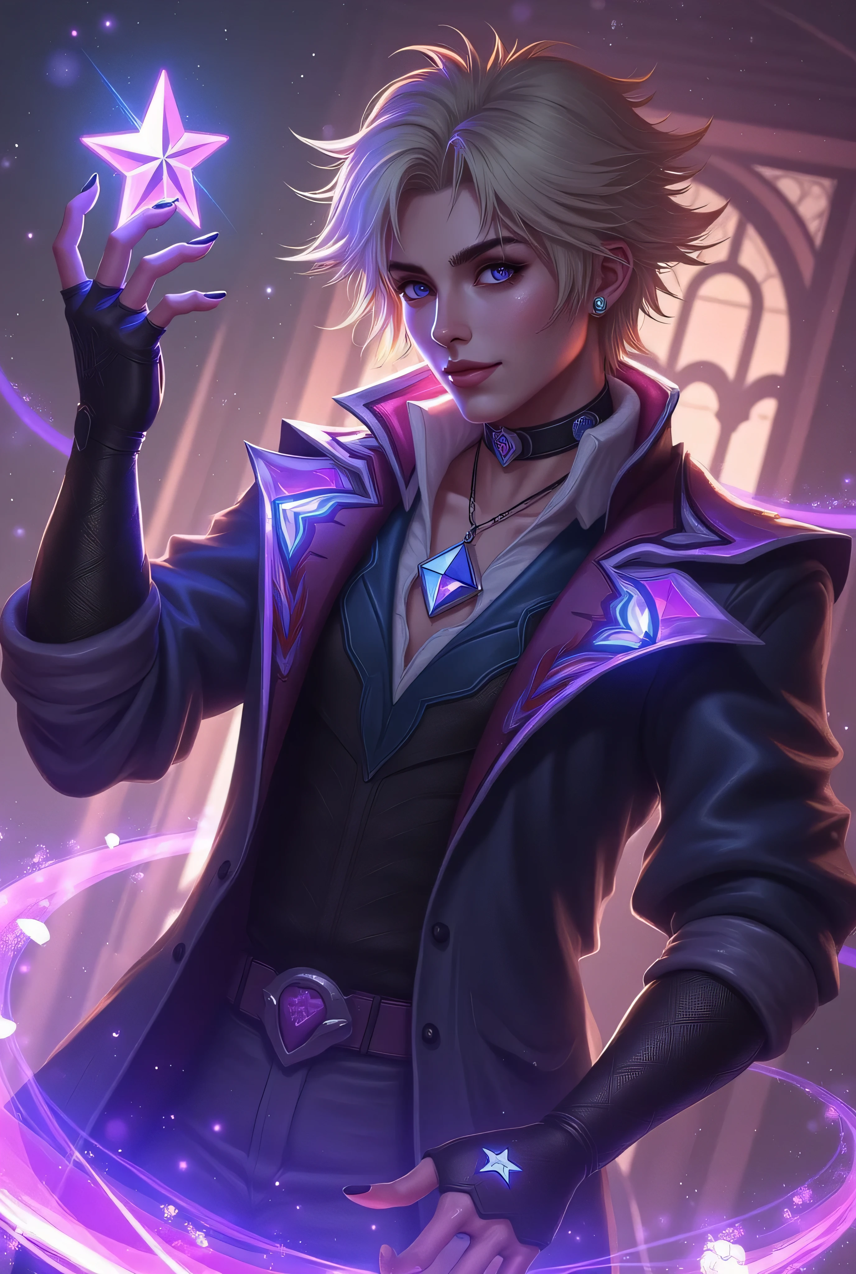 ezreal with Dark aesthetic with gothic glamour with a manopla roxa on right hand and holding a star on the left hand