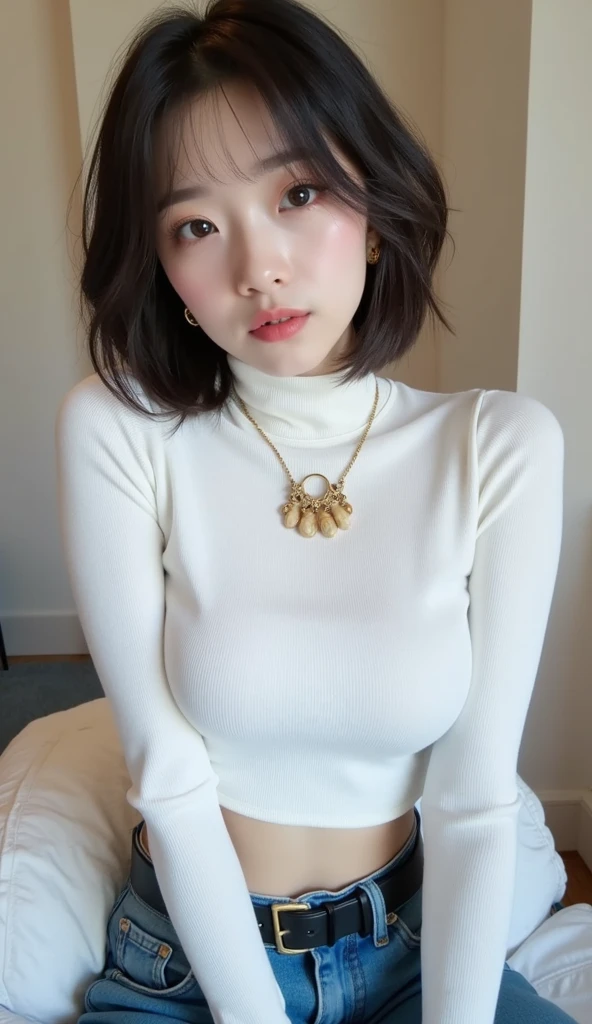 19 years old 、bangss、tight white turtleneck sweater, 、Tight jeans pants, ((タンクトップ))、Medium milk, cute  face、(Butt sticking out pose)、(turned around)、sexy hips、Parks with lakes、Big necklace、earrings、Photos showing the whole body((Short Hair))