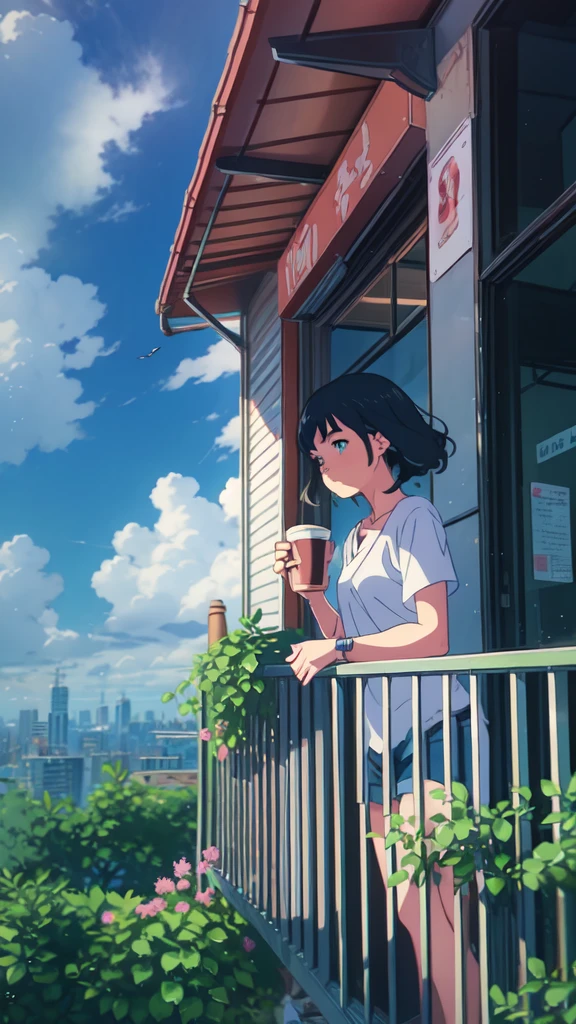 a girl standing on a balcony with a cup of coffee, cgsociety 9, chillhop, alena aenami and artgerm, makoto shinkai and artgerm, lofi girl aesthetic, anime scenery, makoto shinkai and (cain kuga), lofi aesthetic, anime landscape, anime nature, roof background, anime wallaper