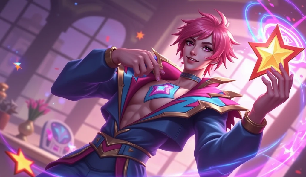 A close up of Ezreal holding a star in a room, conceptual art inspirada em Huang Shen, Em alta no CG Society, conceptual art, hero pose colorful city lighting, kda,  Sakimichan Frank Franzzeta , reach murata and artgerm, Ezreal (league of legends, a skin,  extremely detailed artgerm, sakimichan, pink hair