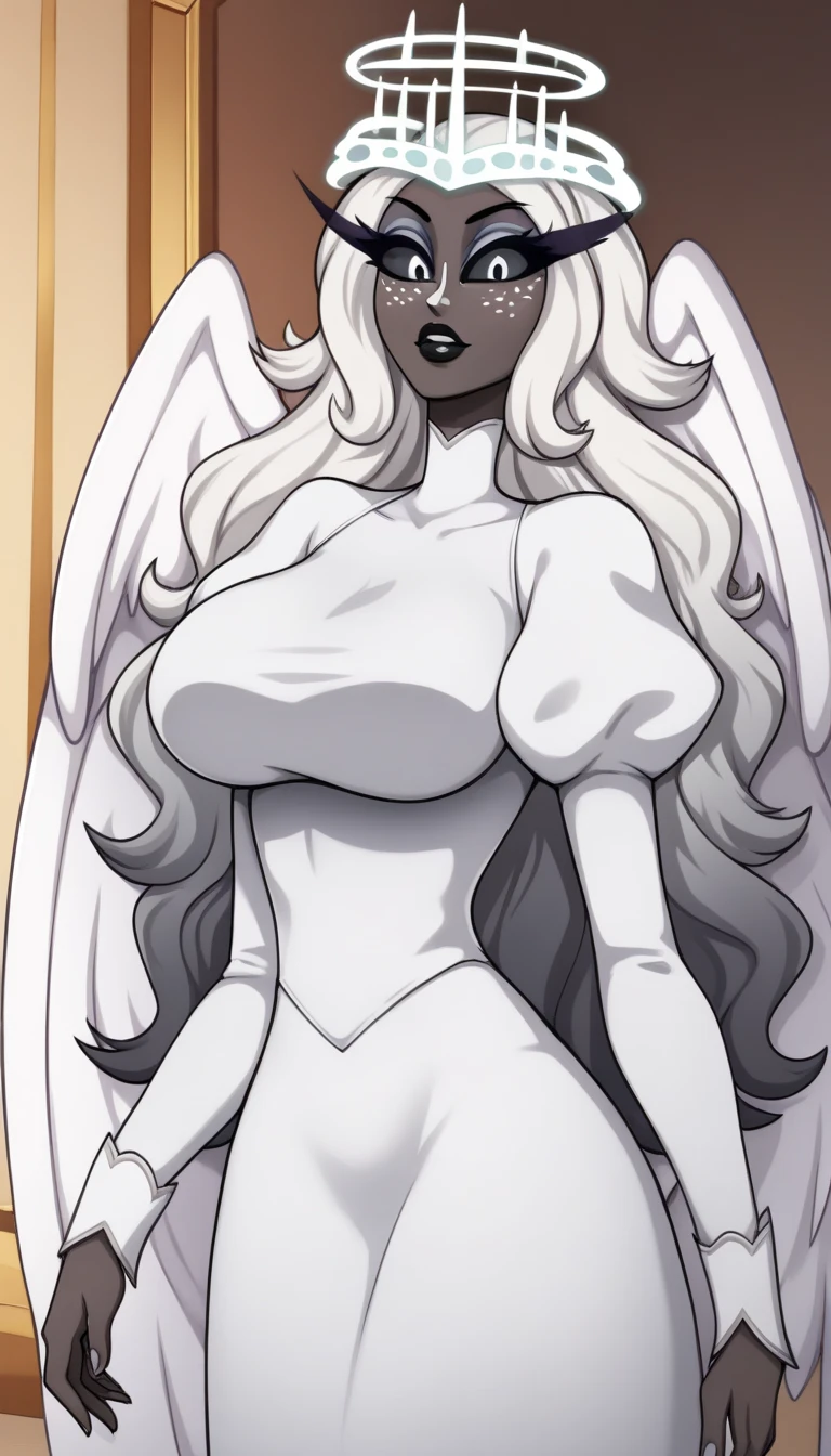 SeraHHXL, dark skin, colored skin, white nose, white freckles face, long eyelashes, makeup, black lips, grey sclera, colored sclera, black pupils, white hair, long hair, halo, glowing halo, angel wings, large breasts, puffy sleeves, white dress, long slevees, long skirt, (solo), standing, looking at viewer, indoors