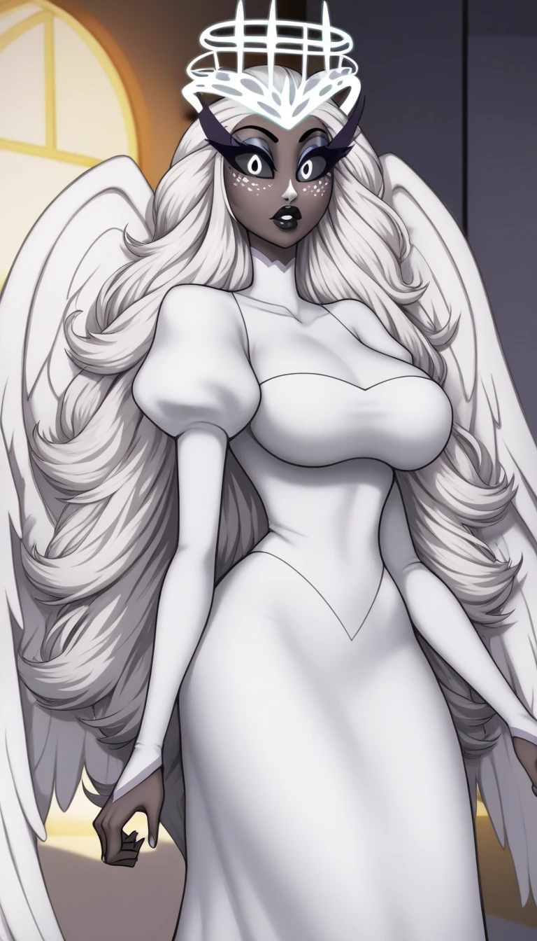 SeraHHXL, dark skin, colored skin, white nose, white freckles face, long eyelashes, makeup, black lips, grey sclera, colored sclera, black pupils, white hair, long hair, halo, glowing halo, angel wings, large breasts, puffy sleeves, white dress, long slevees, long skirt, (solo), standing, looking at viewer, indoors