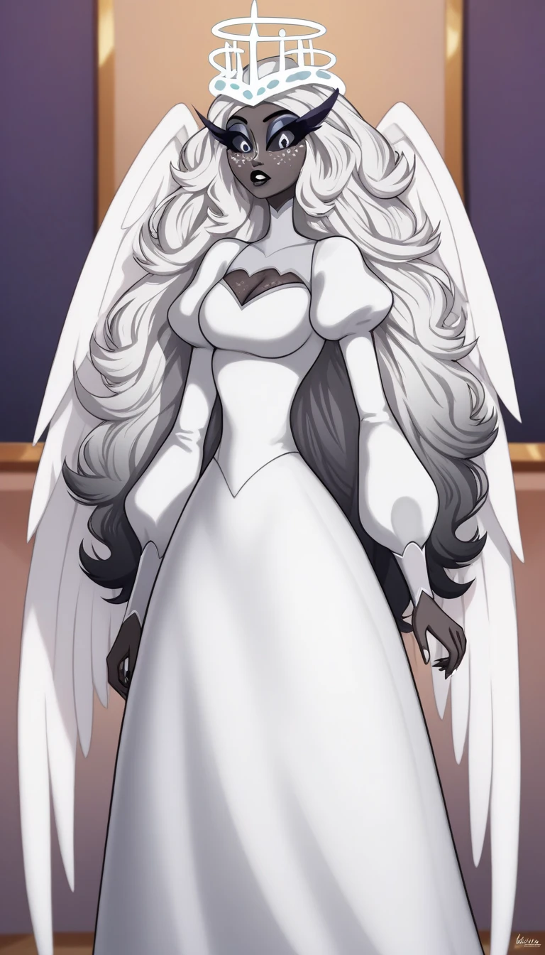 SeraHHXL, dark skin, colored skin, white nose, white freckles face, long eyelashes, makeup, black lips, grey sclera, colored sclera, black pupils, white hair, long hair, halo, glowing halo, angel wings, breasts, puffy sleeves, white dress, long slevees, long skirt, (solo), standing, looking at viewer, indoors