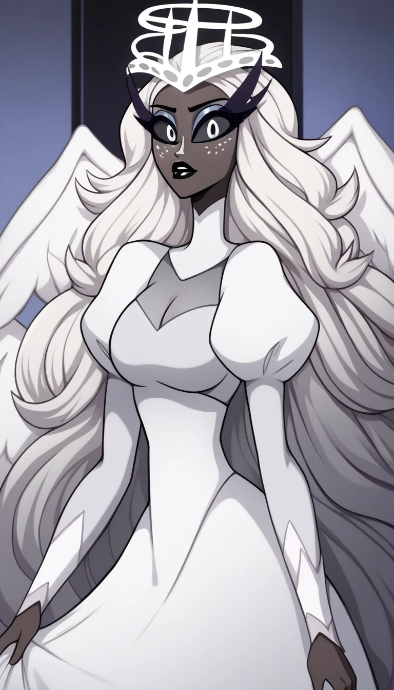 SeraHHXL, dark skin, colored skin, white nose, white freckles face, long eyelashes, makeup, black lips, grey sclera, colored sclera, black pupils, white hair, long hair, halo, glowing halo, angel wings, breasts, puffy sleeves, white dress, long slevees, long skirt, (solo), standing, looking at viewer, indoors