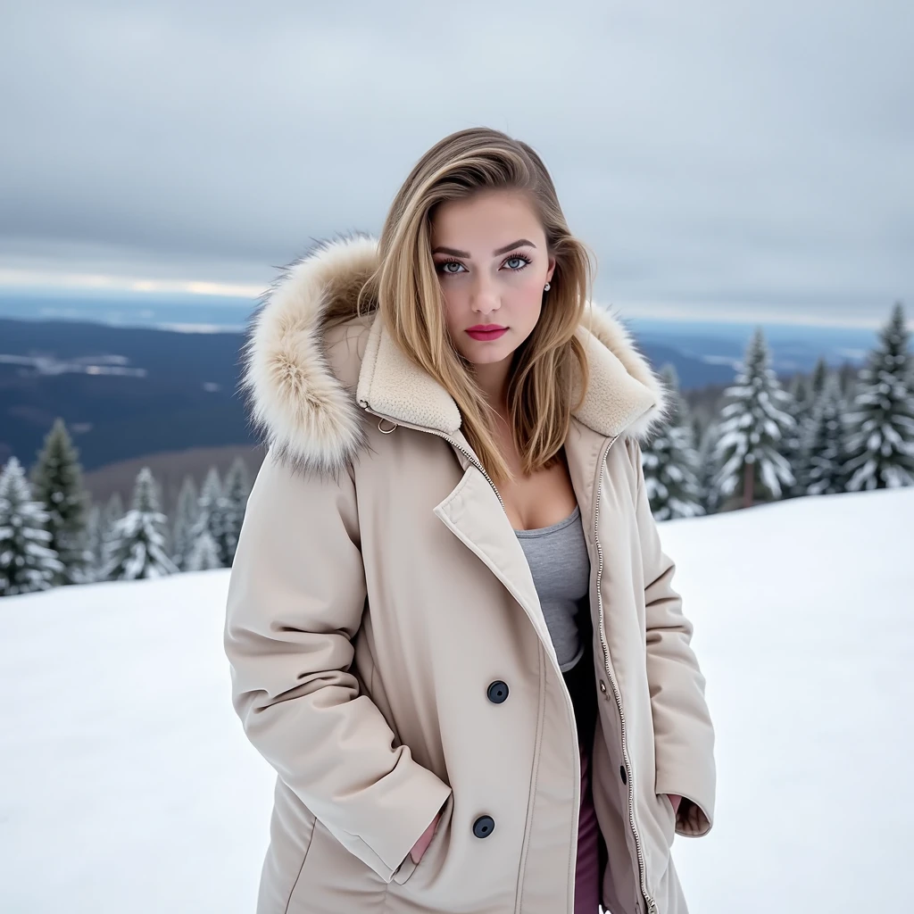 (in 8K、Raw photography、Highest Quality、realistic、Photo-realistic、Professional Lighting、masterpiece、extremely delicate and beautiful、Highly detailed、finely detail、ultra-detailed、high resolution、Whole human body、low angles, front view, ground shot), perfect fingers, perfect toes, ((1 girl)), ((photo of 23 year old girl with medium breasts, lactating breast, perfect round uplifted hips, blonde wavy hair)), (medium breast:1.4), perfect natural round hips , highlight hair, sensual lips, erotic expression, closed eyes, (margot robbie:0.7), (melissa benoist:0.9), (Scarlett Johansson:0.9), (((standing and bending forward sensually in erotic pose in the snow near a wooden cabin which is in the french snow covered alps mountains showing her cleavage))), ((wearing a tight jogging black leggings and fur white jacket)), Instagram model, Instagram shot, perfect body, perfect shape, eyes visible through hair, proper eye position, natural skin, back-light, cinematic light, rim light, soft light, hips, in day time, detailed color graded background, intricate, highly detail, octane render, HD, 8k, beautiful face, erotic mood, alone, bold, masterpiece, best quality, ultra-detailed, solo, shadows, contrast, cinematic light, side lighting, ultra high resolution, best shadow, RAW, 4k,