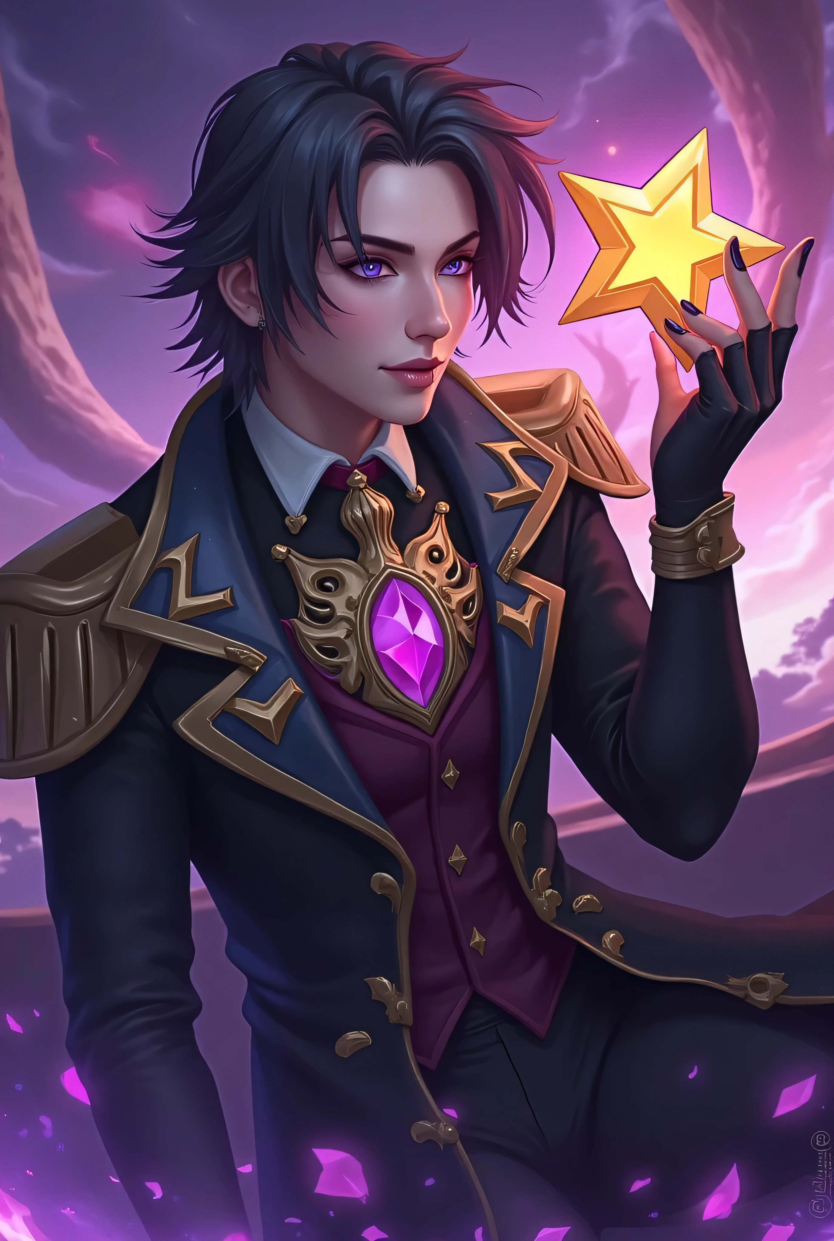 ezreal with Dark aesthetic with gothic glamour with a manopla roxa on right hand and holding a star on the left hand