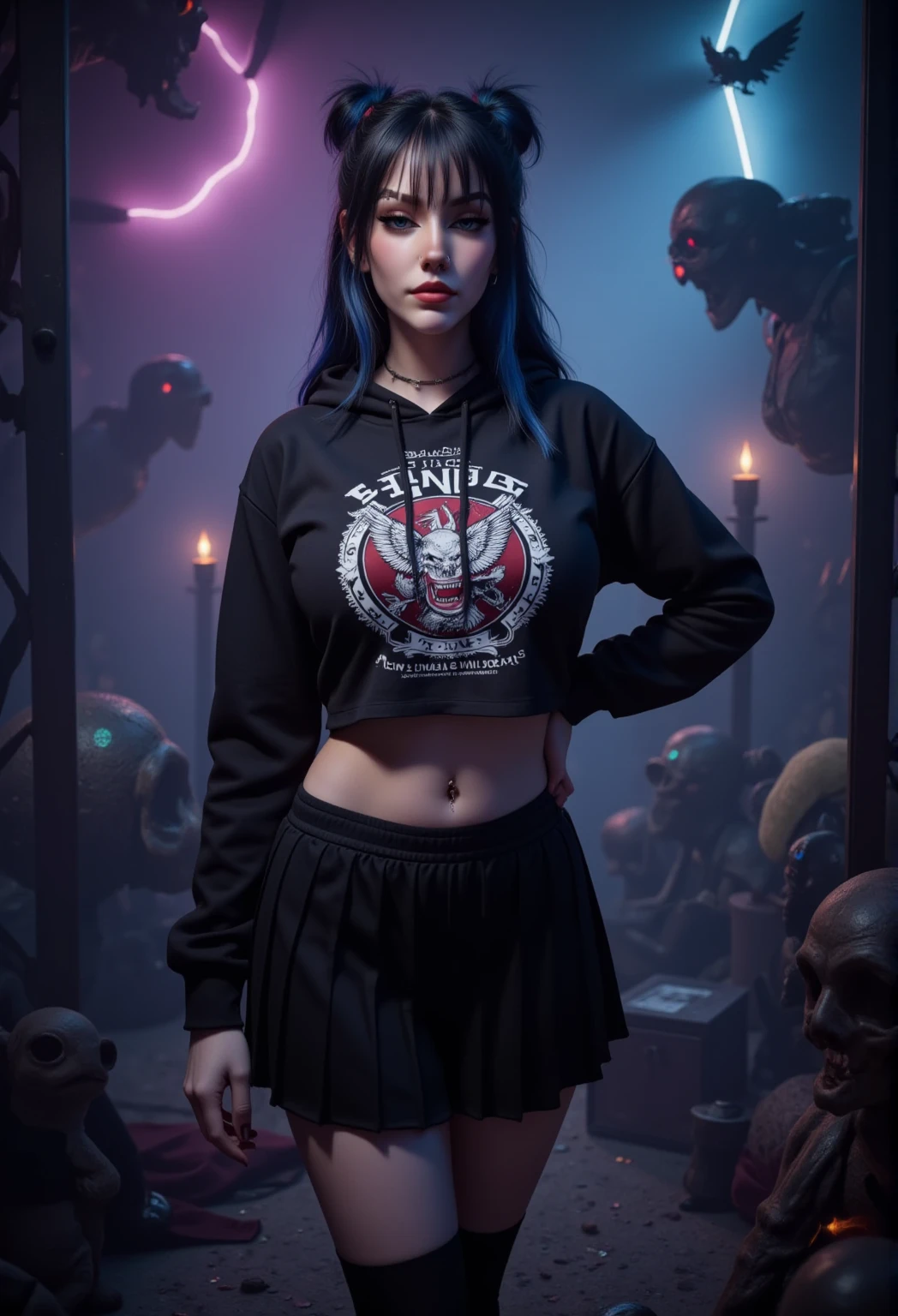 A highly detailed, photograph of a death metal goth model standing confidently in an artistic, surreal environment. The model is wearing a black cropped hoodie featuring intense, detailed death metal artwork, Venom Cover, Satanic, Pentagram, in white,underboob, paired with a pleated black skirt and dark, edgy accessories like round sunglasses, black lipstick, and piercings. Her long, black hair is styled in high pigtails with blue streaks, and her makeup is dark and dramatic, emphasizing her goth aesthetic.

The background is an abstract, moody scene filled with dark, swirling mists, sharp geometric shapes, and ethereal glows of deep purples and blues. The environment feels like a gothic dreamscape, with elements of shadowy forests, floating skeletal structures, and a haunting atmosphere. Soft, eerie lighting casts long, dramatic shadows, enhancing the gothic and death metal vibe. The model stands out as the focal point, exuding confidence and a rebellious attitude, perfectly embodying the dark, intense mood of the scene.