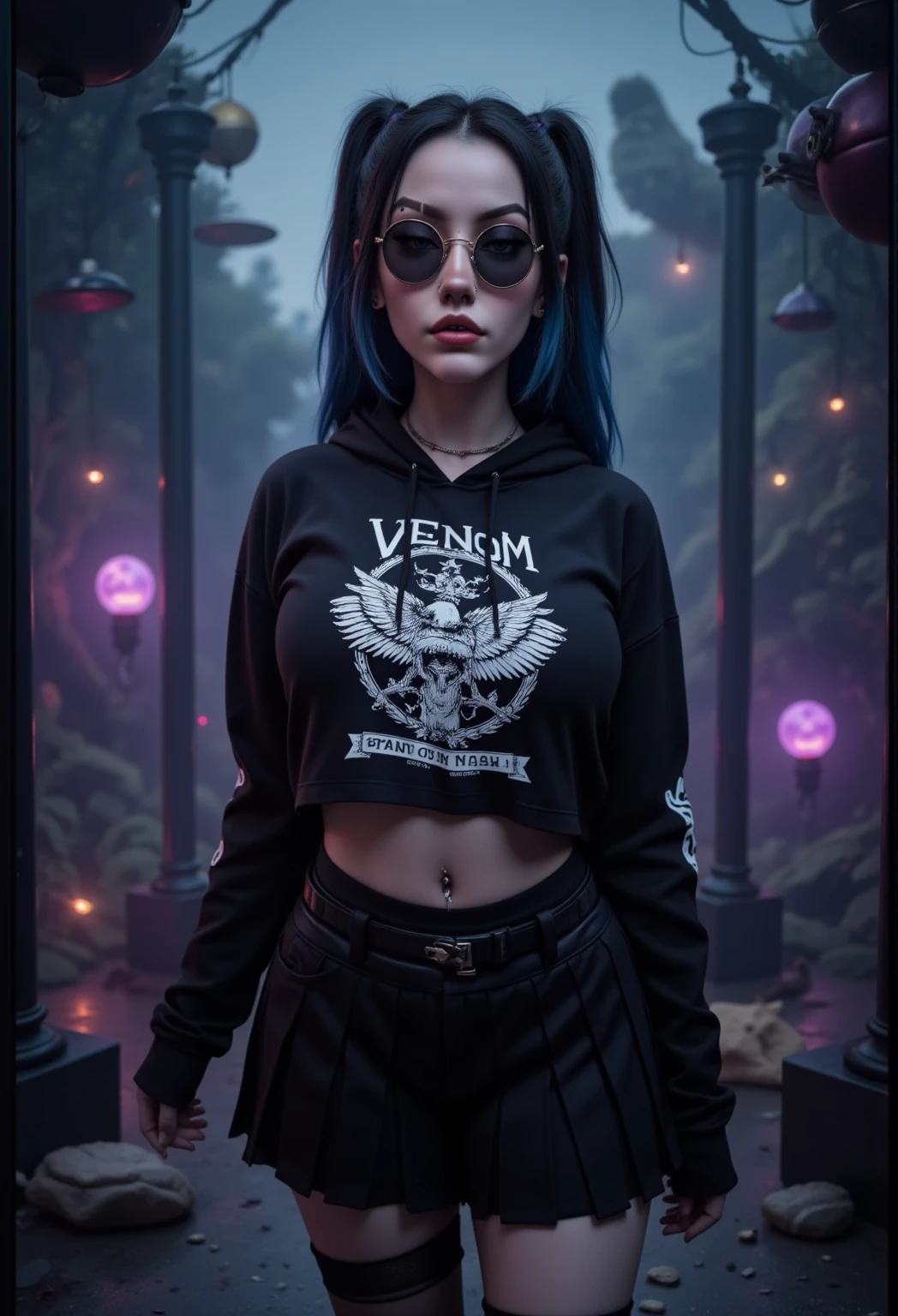 A highly detailed, photograph of a death metal goth model standing confidently in an artistic, surreal environment. The model is wearing a black cropped hoodie featuring intense, detailed death metal artwork, Venom Cover, Satanic, Pentagram, in white,underboob, paired with a pleated black skirt and dark, edgy accessories like round sunglasses, black lipstick, and piercings. Her long, black hair is styled in high pigtails with blue streaks, and her makeup is dark and dramatic, emphasizing her goth aesthetic.

The background is an abstract, moody scene filled with dark, swirling mists, sharp geometric shapes, and ethereal glows of deep purples and blues. The environment feels like a gothic dreamscape, with elements of shadowy forests, floating skeletal structures, and a haunting atmosphere. Soft, eerie lighting casts long, dramatic shadows, enhancing the gothic and death metal vibe. The model stands out as the focal point, exuding confidence and a rebellious attitude, perfectly embodying the dark, intense mood of the scene.