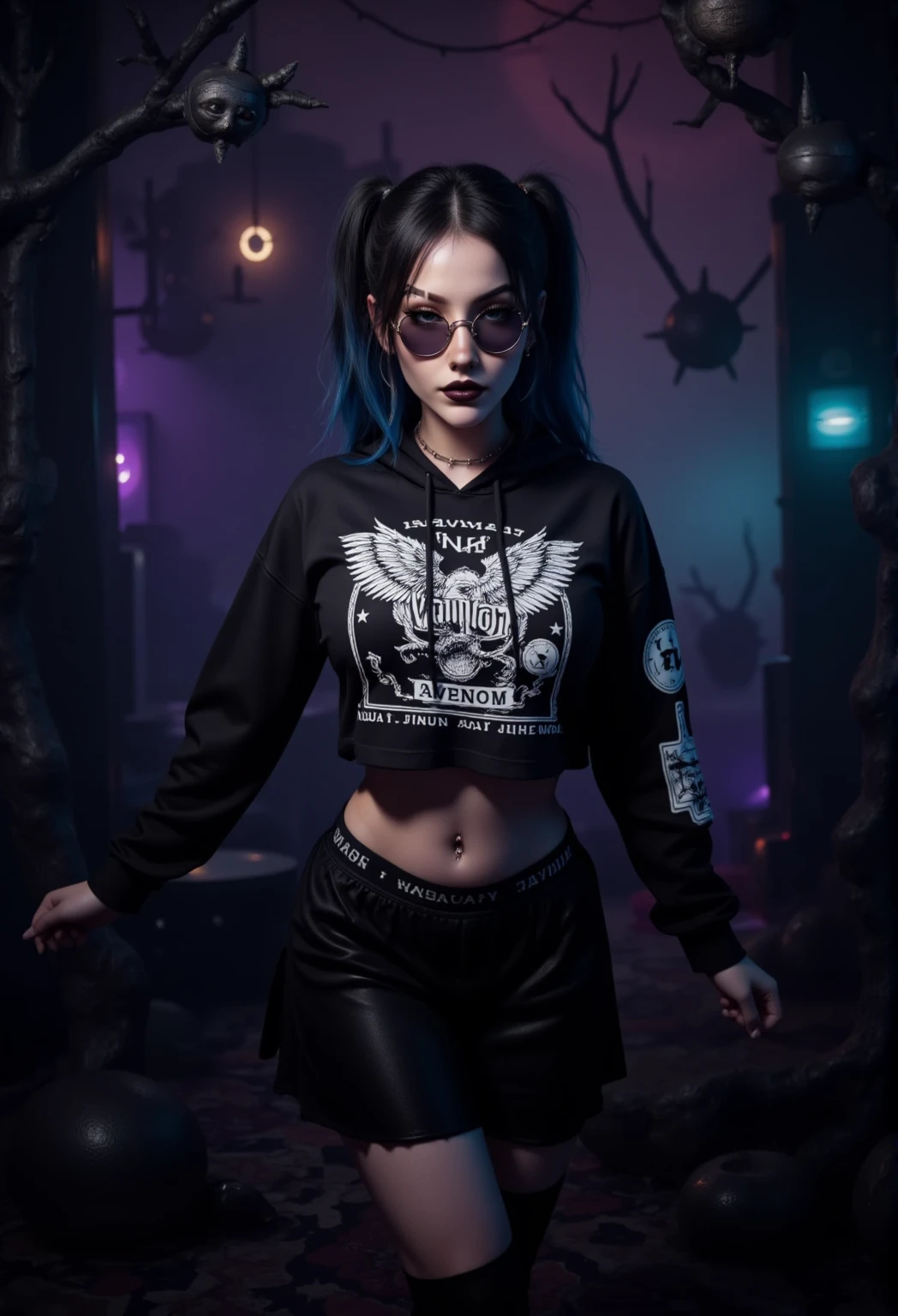 A highly detailed, photograph of a death metal goth model standing confidently in an artistic, surreal environment. The model is wearing a black cropped hoodie featuring intense, detailed death metal artwork, Venom Cover, Satanic, Pentagram, in white,underboob, paired with a pleated black skirt and dark, edgy accessories like round sunglasses, black lipstick, and piercings. Her long, black hair is styled in high pigtails with blue streaks, and her makeup is dark and dramatic, emphasizing her goth aesthetic.

The background is an abstract, moody scene filled with dark, swirling mists, sharp geometric shapes, and ethereal glows of deep purples and blues. The environment feels like a gothic dreamscape, with elements of shadowy forests, floating skeletal structures, and a haunting atmosphere. Soft, eerie lighting casts long, dramatic shadows, enhancing the gothic and death metal vibe. The model stands out as the focal point, exuding confidence and a rebellious attitude, perfectly embodying the dark, intense mood of the scene.