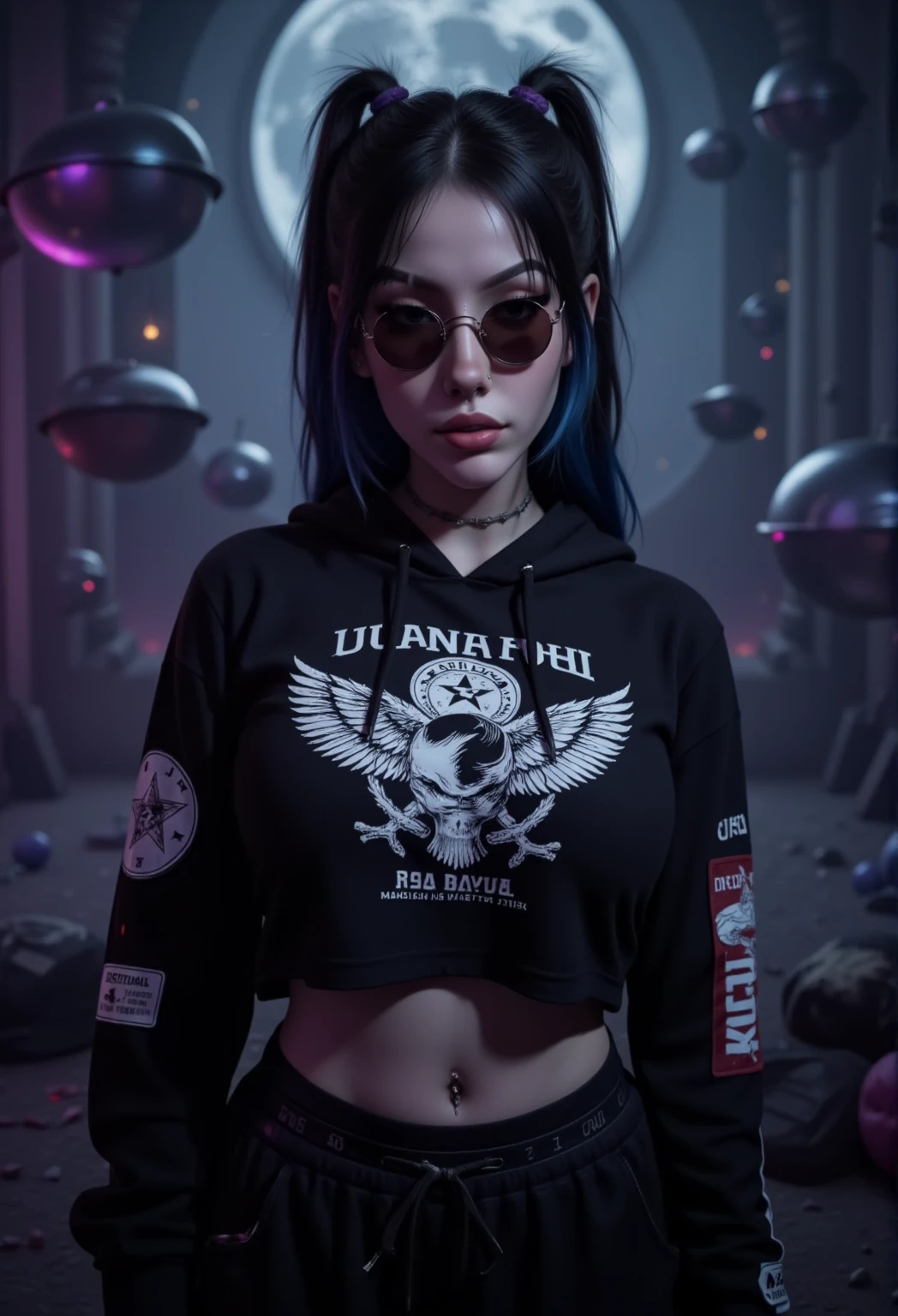 A highly detailed, photograph of a death metal goth model standing confidently in an artistic, surreal environment. The model is wearing a black cropped hoodie featuring intense, detailed death metal artwork, Venom Cover, Satanic, Pentagram, in white,underboob, paired with a pleated black skirt and dark, edgy accessories like round sunglasses, black lipstick, and piercings. Her long, black hair is styled in high pigtails with blue streaks, and her makeup is dark and dramatic, emphasizing her goth aesthetic.

The background is an abstract, moody scene filled with dark, swirling mists, sharp geometric shapes, and ethereal glows of deep purples and blues. The environment feels like a gothic dreamscape, with elements of shadowy forests, floating skeletal structures, and a haunting atmosphere. Soft, eerie lighting casts long, dramatic shadows, enhancing the gothic and death metal vibe. The model stands out as the focal point, exuding confidence and a rebellious attitude, perfectly embodying the dark, intense mood of the scene.